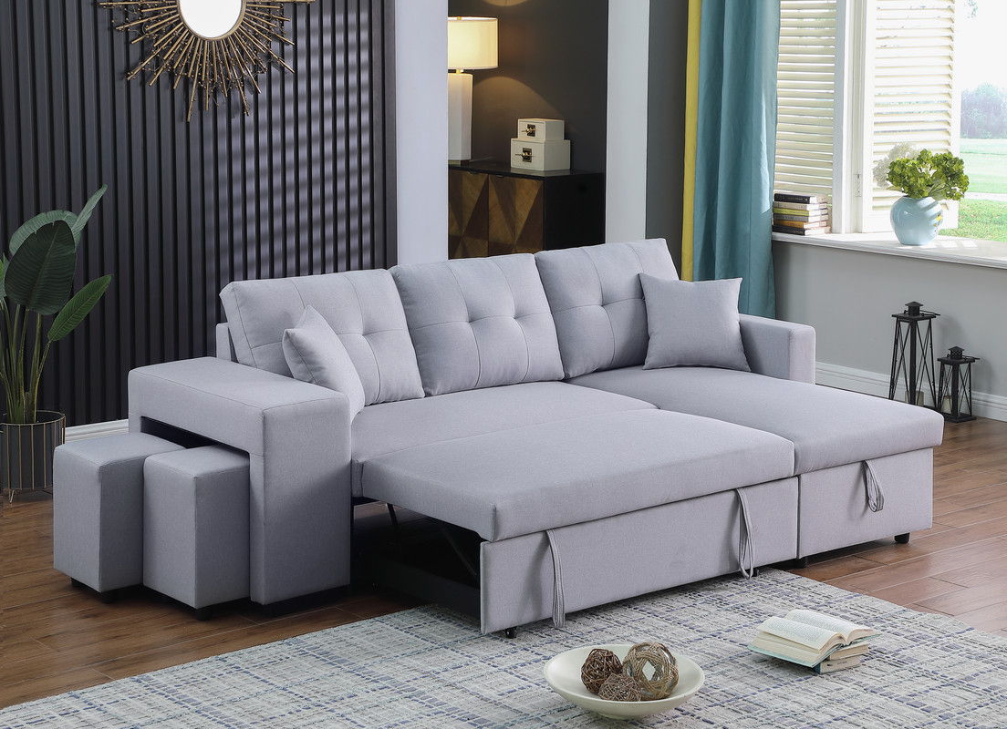 Dennis 93"W Light Gray Linen Fabric Reversible Sleeper Sectional with Storage Chaise and 2 Stools