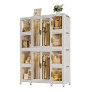 Portable Wardrobe Closet Storage Organizer For Clothes With Magnetic Doors, 12 Cubes & 2 Hanging Rods - White