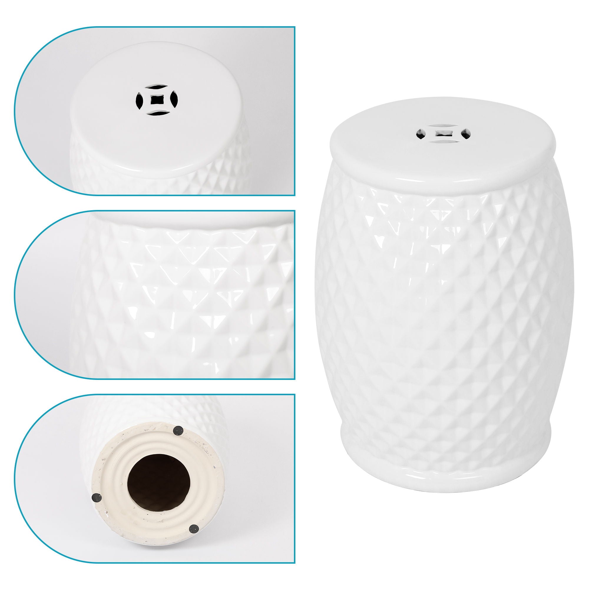 Glazed Ceramic Drum Stool Indoor / Outdoor Side Table Ceramic - White