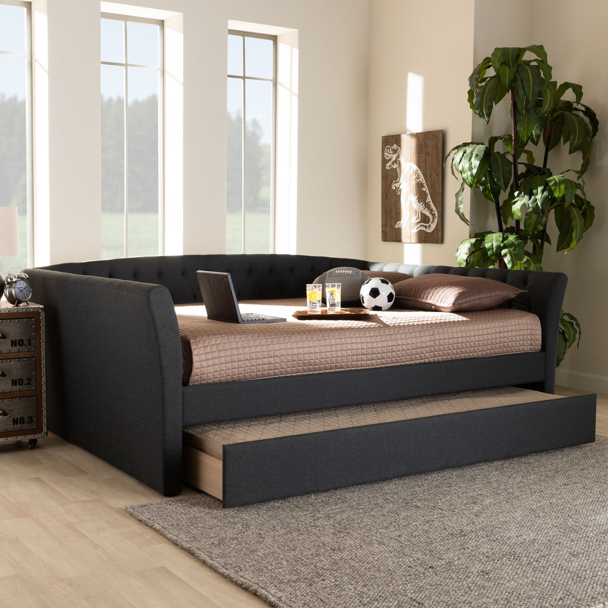 Delora Modern and Contemporary Dark Grey Fabric Upholstered Full Size Daybed with Roll-Out Trundle Bed