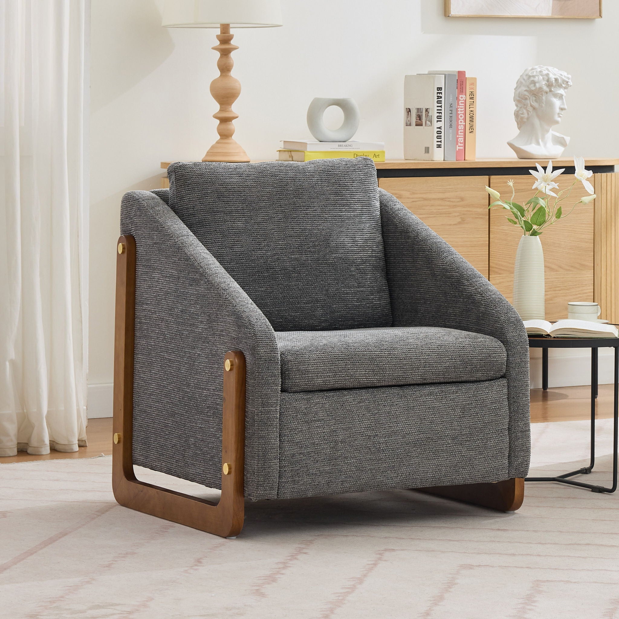 Modern Chenille Upholstered Armchair With Wooden Side Frame