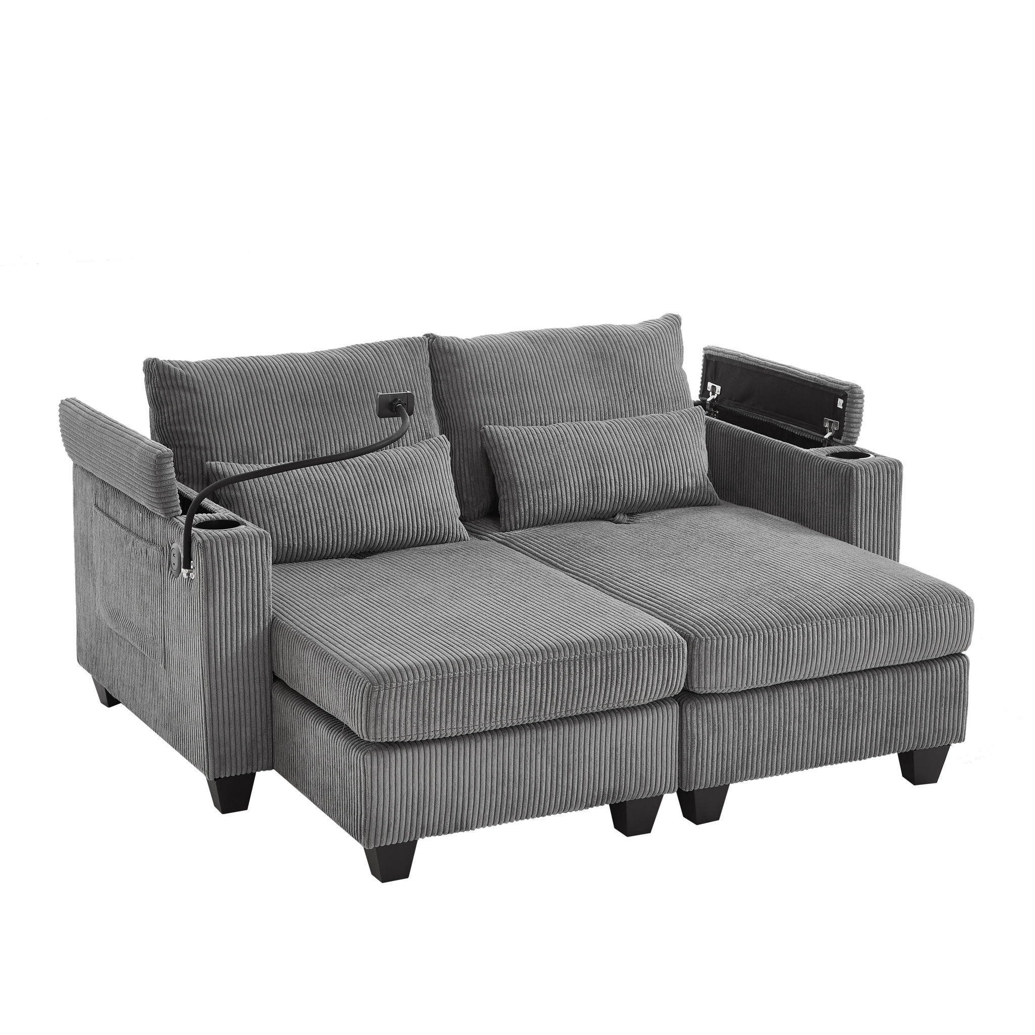 Convertible Chaise Lounge Sofa Chair With USB Ports, Cup Holders, Phone Holder And Storage