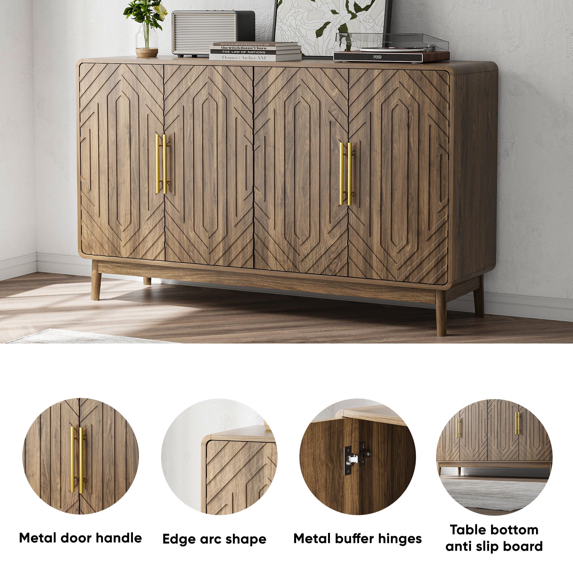 Sideboard Buffet Cabinet With Carved Doors And Adjustable Layer Board