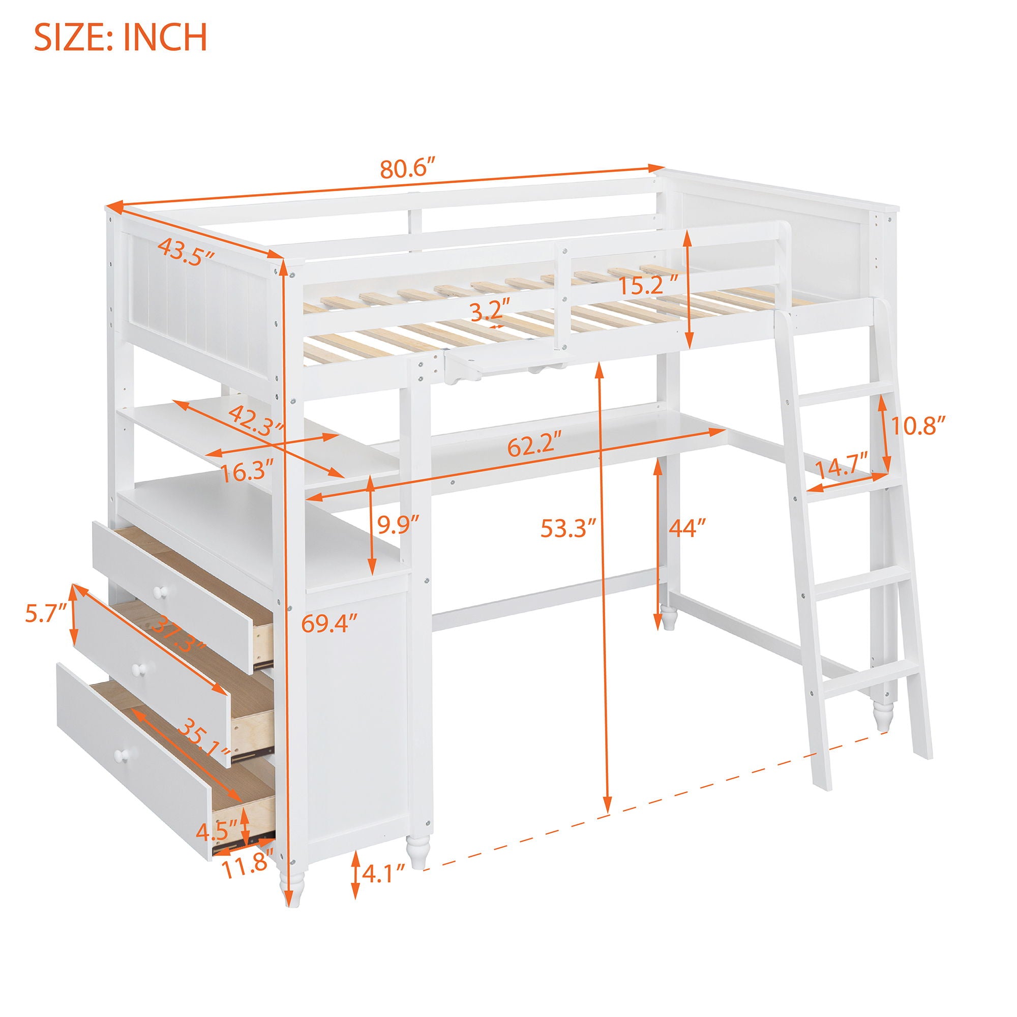 Loft Bed With Drawers With Desk And Shelves
