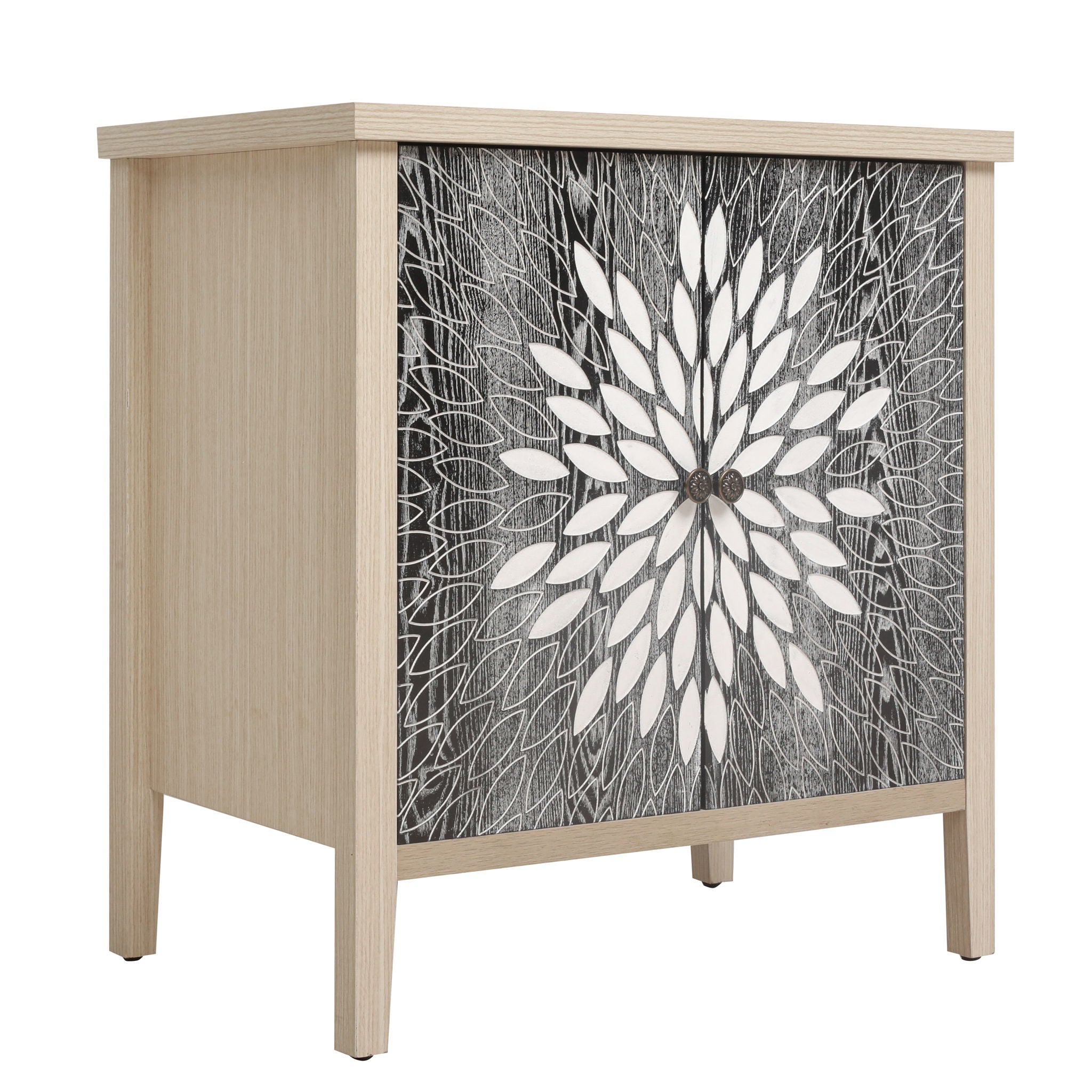 2 Door Carved Storage Cabinet With Adjustable Shelf, Accent Furniture