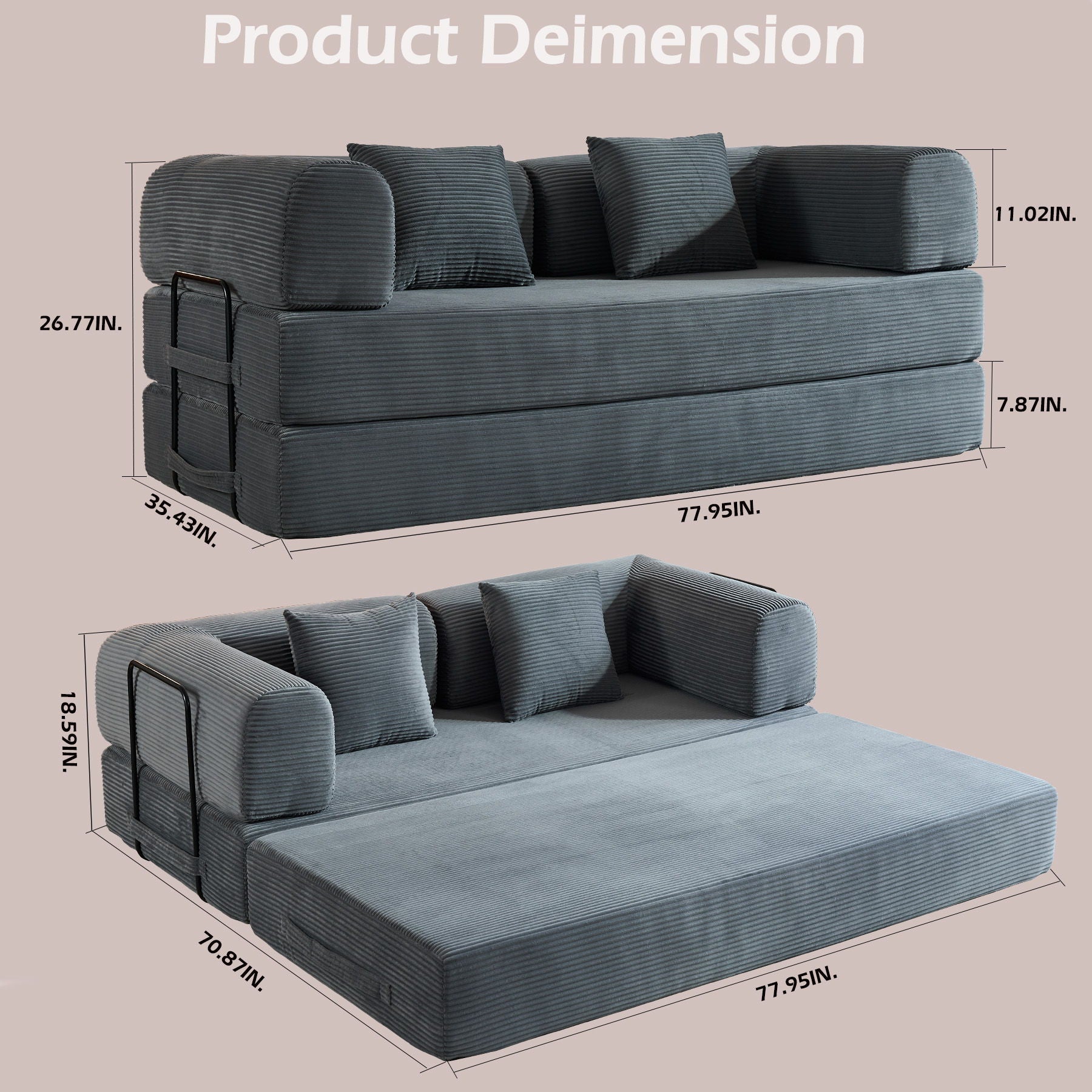 Convertible Sleeper Sofa Bed With Cylindrical Pillow, With Fixed Shape Frame