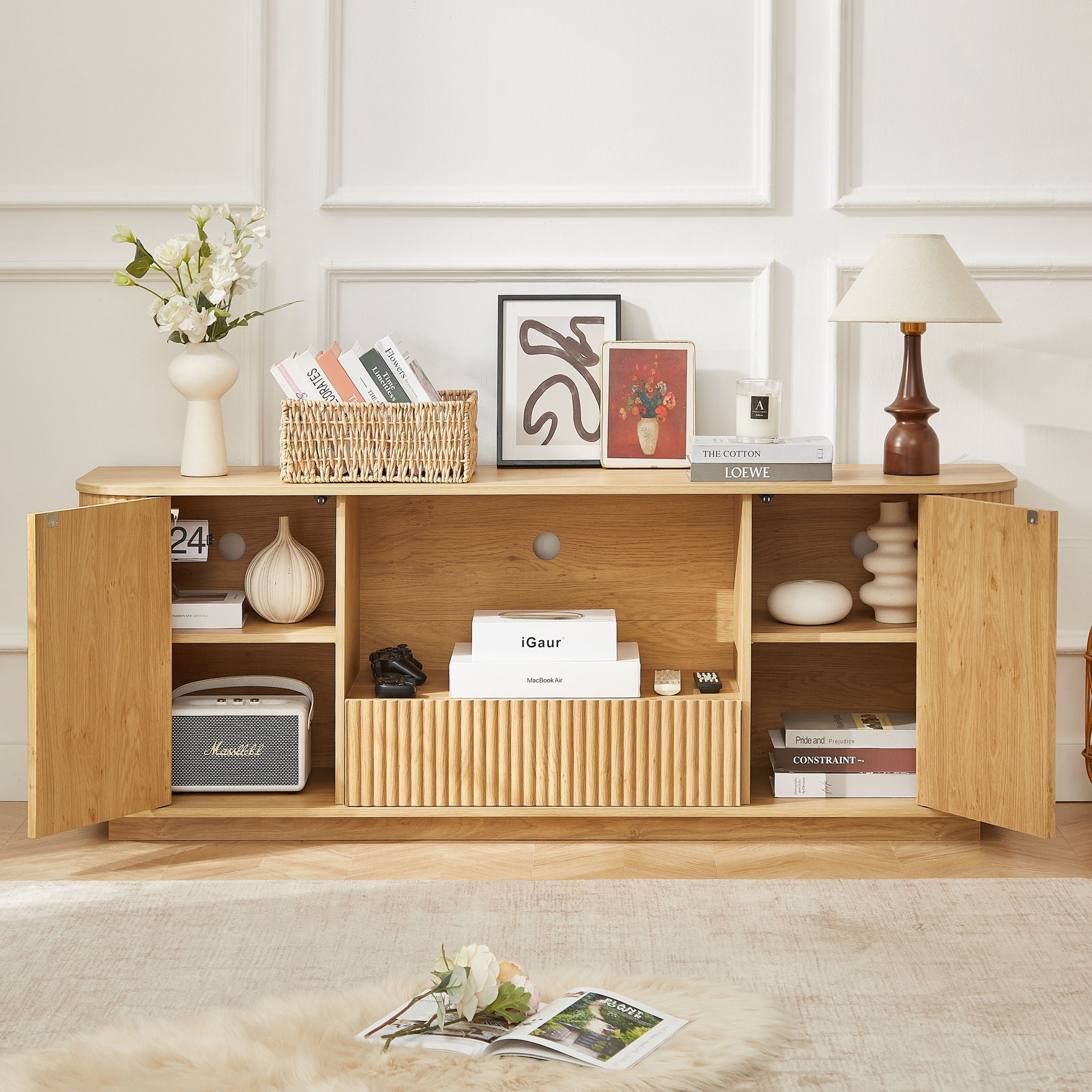 Modern Wavy TV Stand Rounded Sideboard With Storage Cabinet