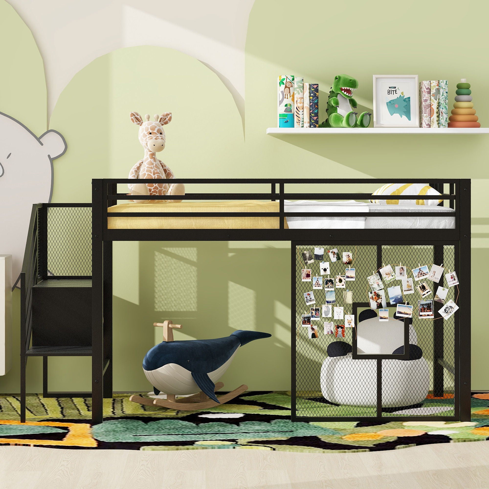 Twin Low Loft Bed Frame With Storage Staircase - Black