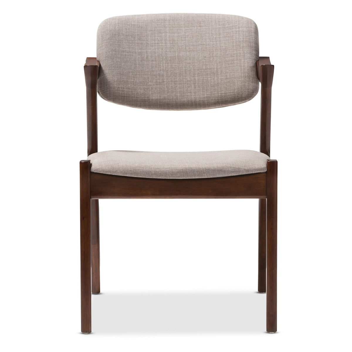 Elegant Mid-Century Dark Walnut Wood Grey Fabric Upholstered Dining Armchair