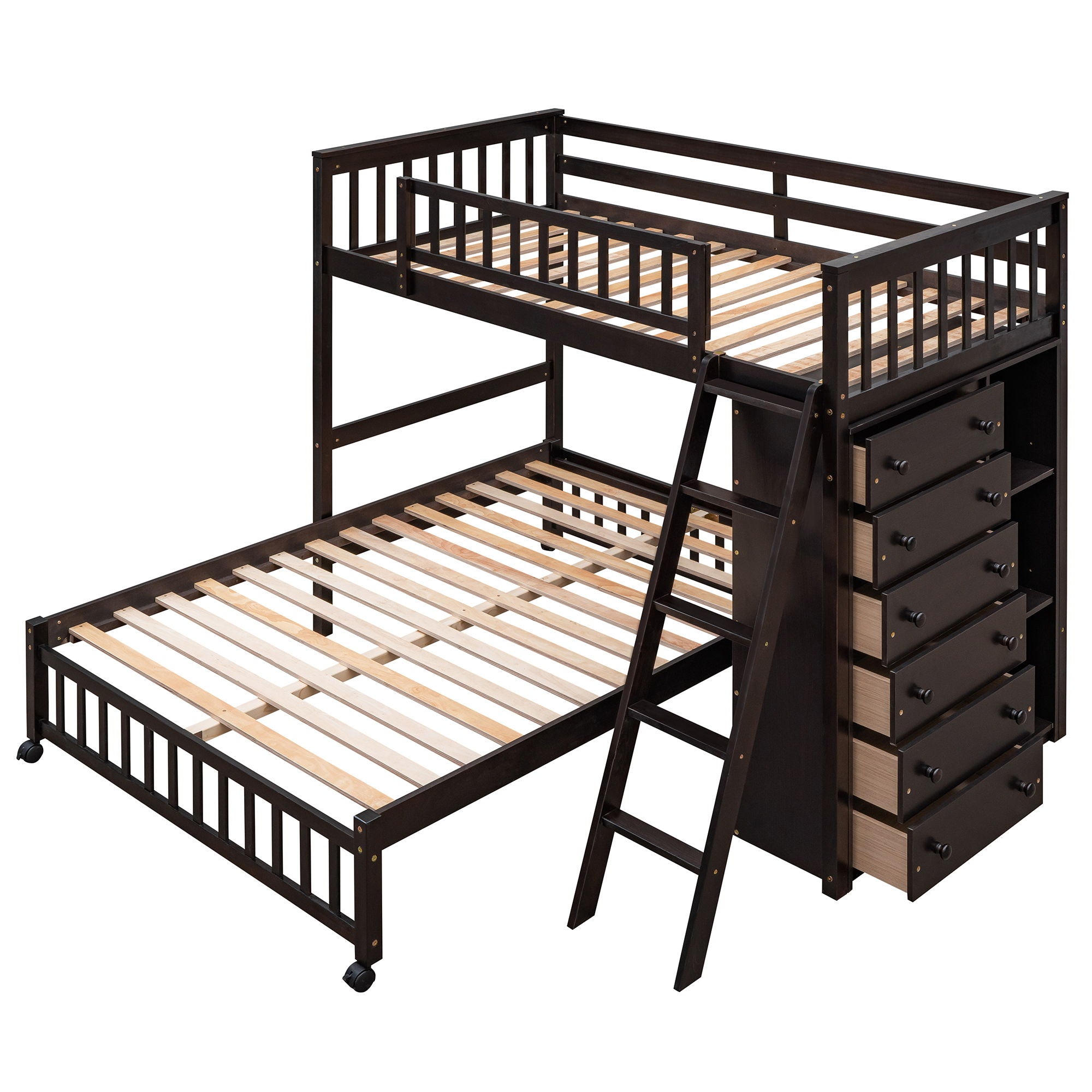 Bunk Bed With 6 Drawers And Flexible Shelves, Bottom Bed With Wheels