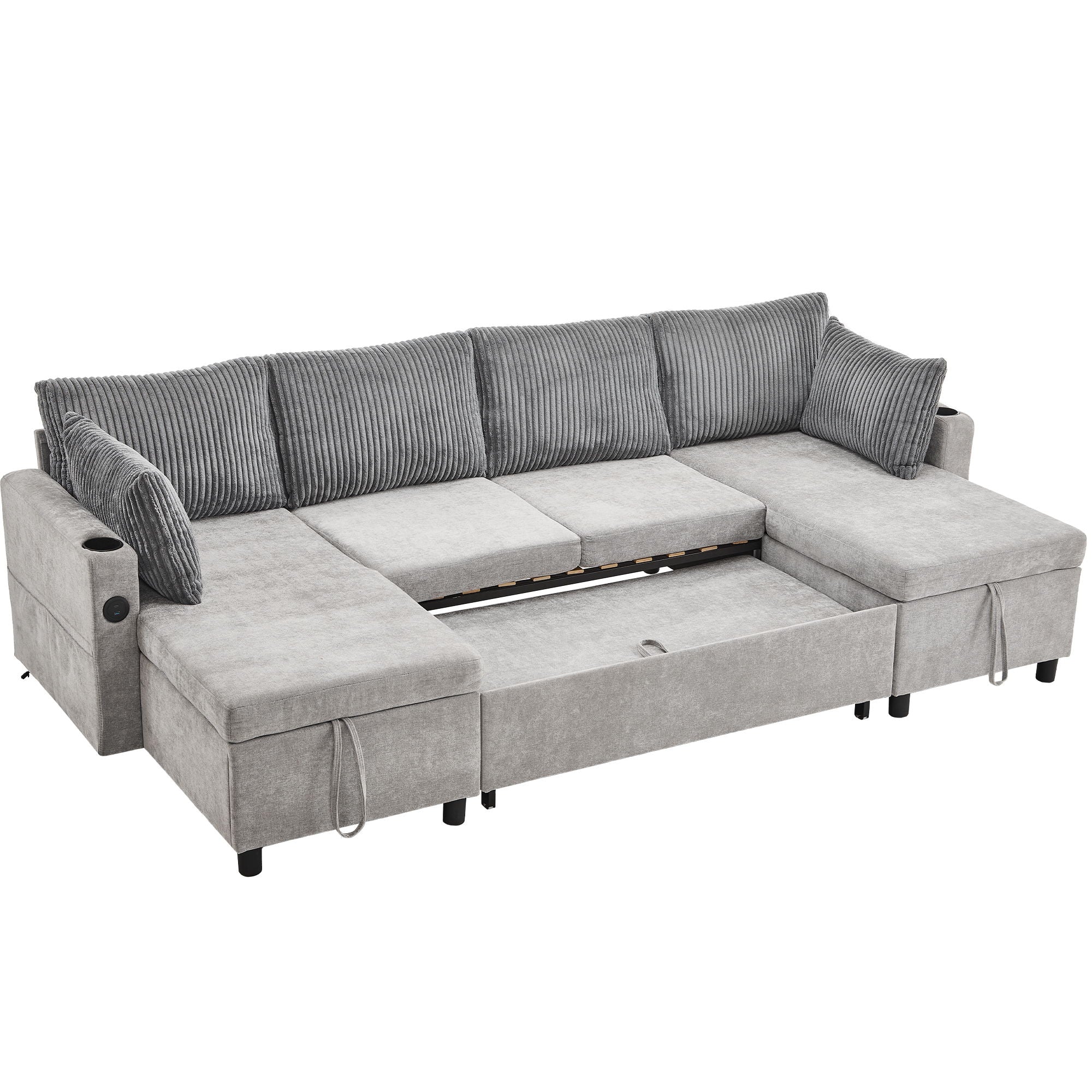 Sectional Sofa Bed With Pull Out Sleeper, USB Ports, Cup Holders