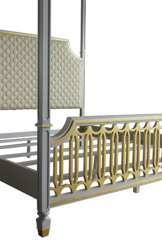 ACME House - Marchese California King Bed - Beige PU, Gold & Pearl Gray Finish | Meri Furniture