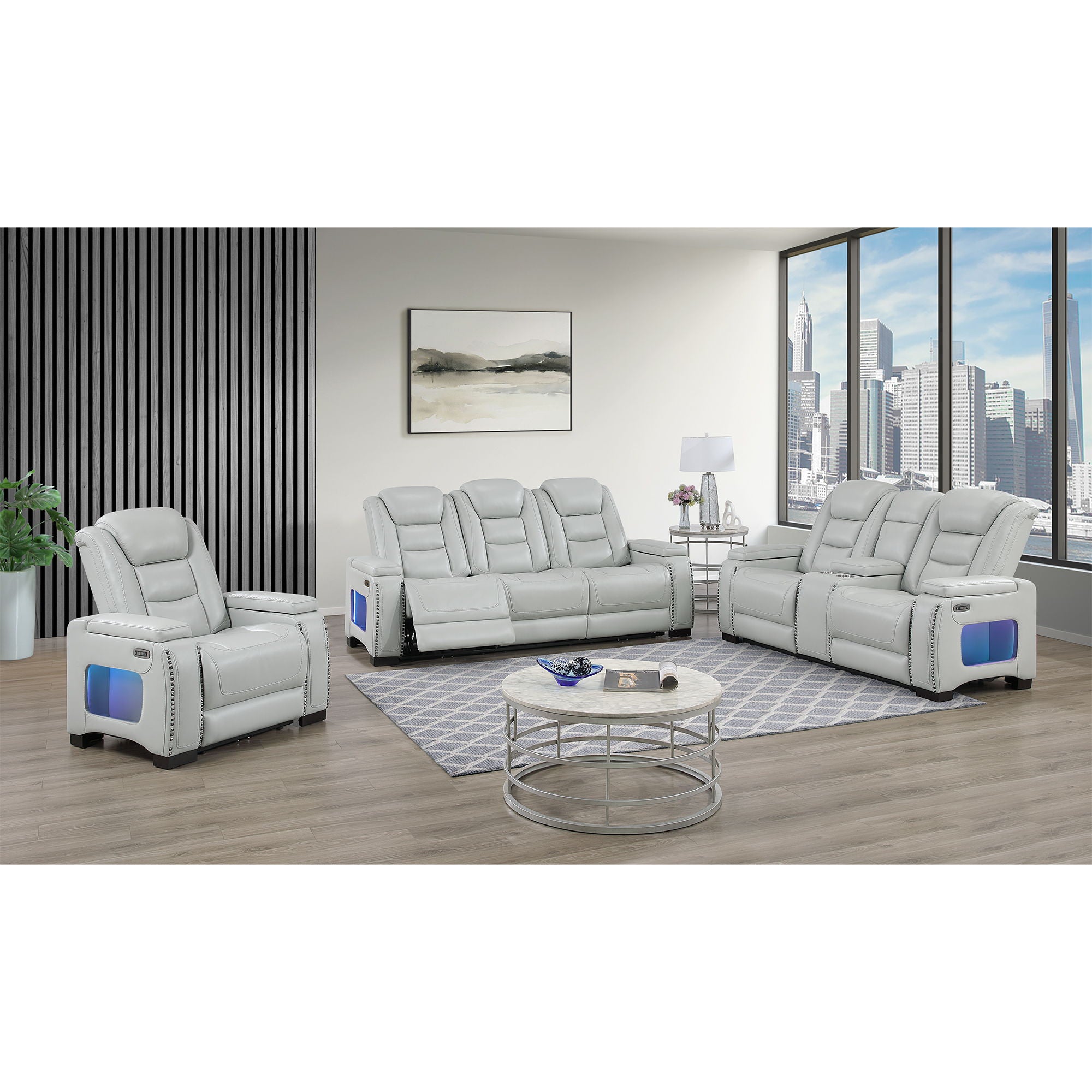 Power Sofa With USB LED Headrest, Bookshelf Arms, And Storage - Gray