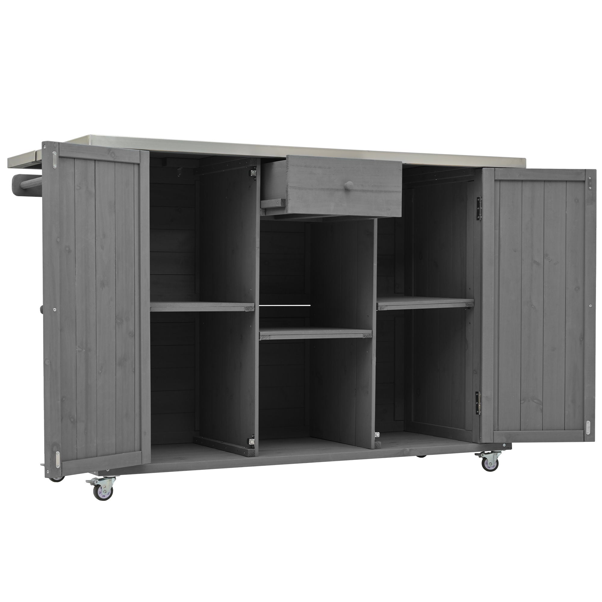 Outdoor Kitchen Island With Stainless Steel Top, Ample Storage Space, Towel And Spice Racks And A Bottle Opener