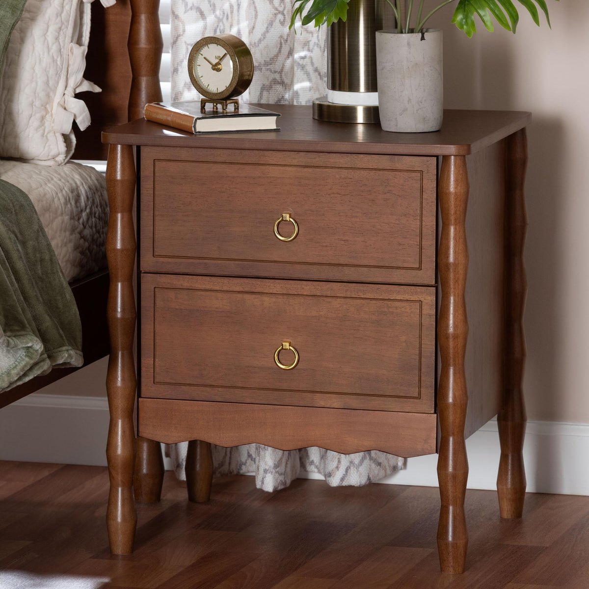 Seamus 2-Drawer Nightstand with Carved Bobbin Frame