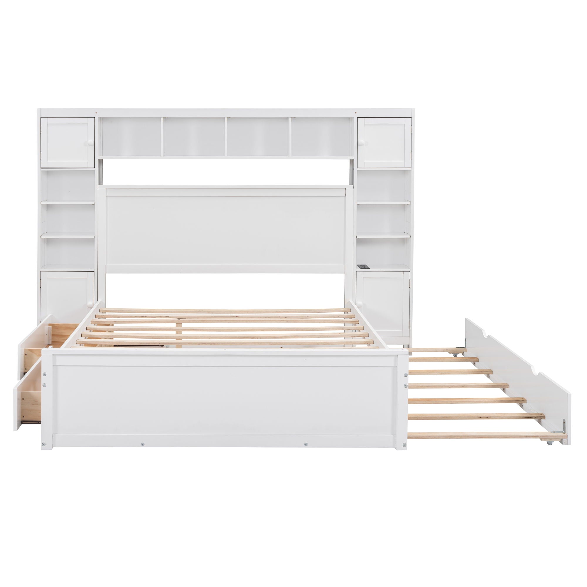 Bed With All In One Cabinet, Shelf And Sockets, Twin Long Trundle