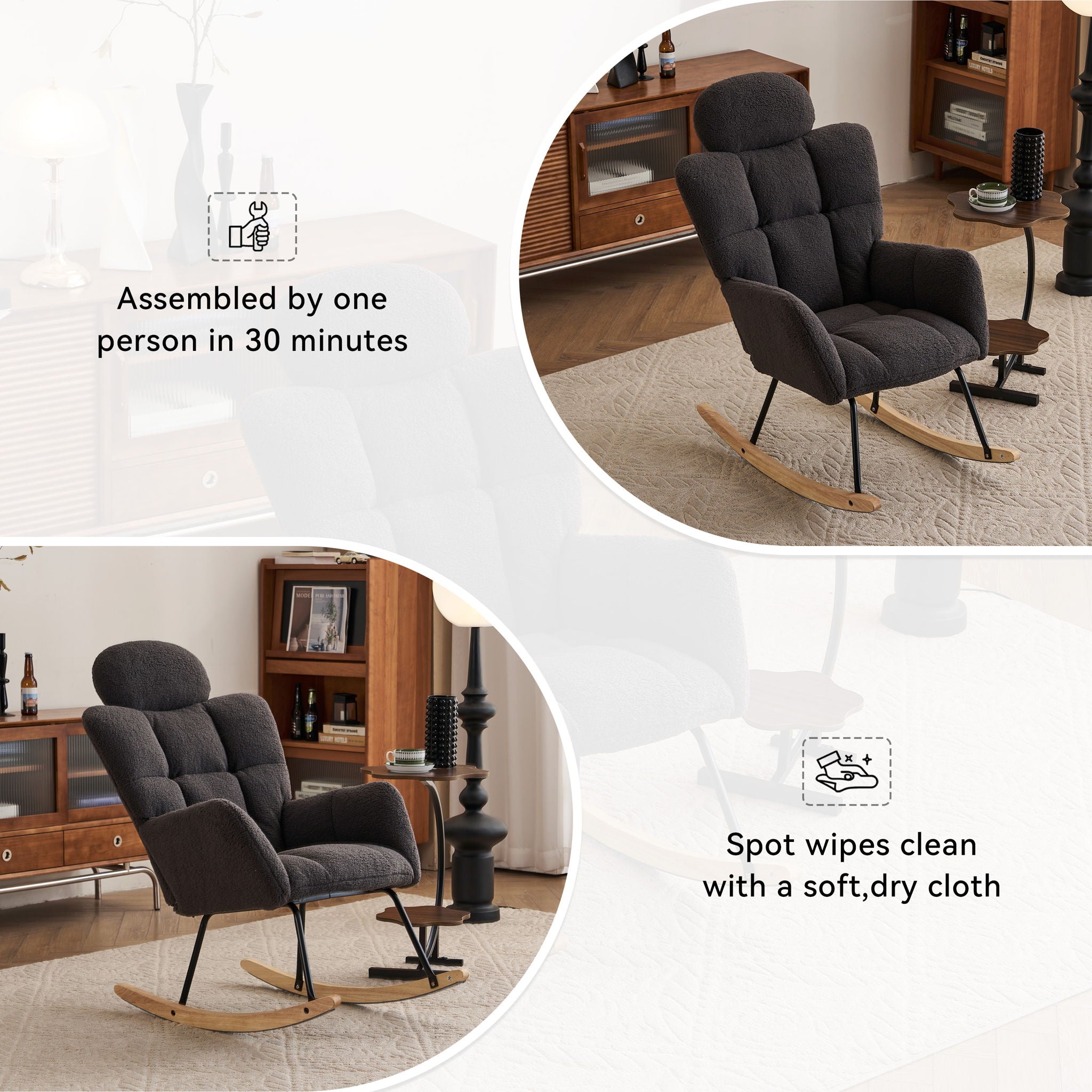 Contemporary Teddy Fabric Upholstered Nursery Rocking Glider Chair With High Backrest And Pillow