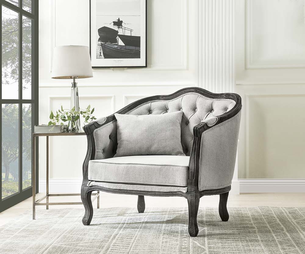 ACME With a nod to vintage French design, the Samael is a modern interpretation of a camel-back sofa is distinguished by its exposed, and beautifully carved, wooden frame that wraps you in comfort. | Meri Furniture