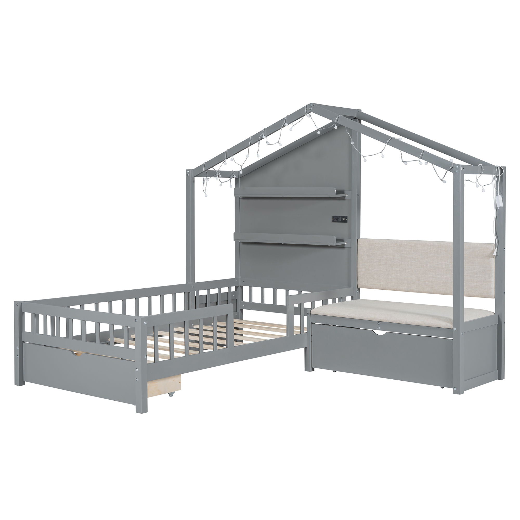 House Bed With Upholstered Sofa, Wireless Charging Station, Shelves And 2 Drawers