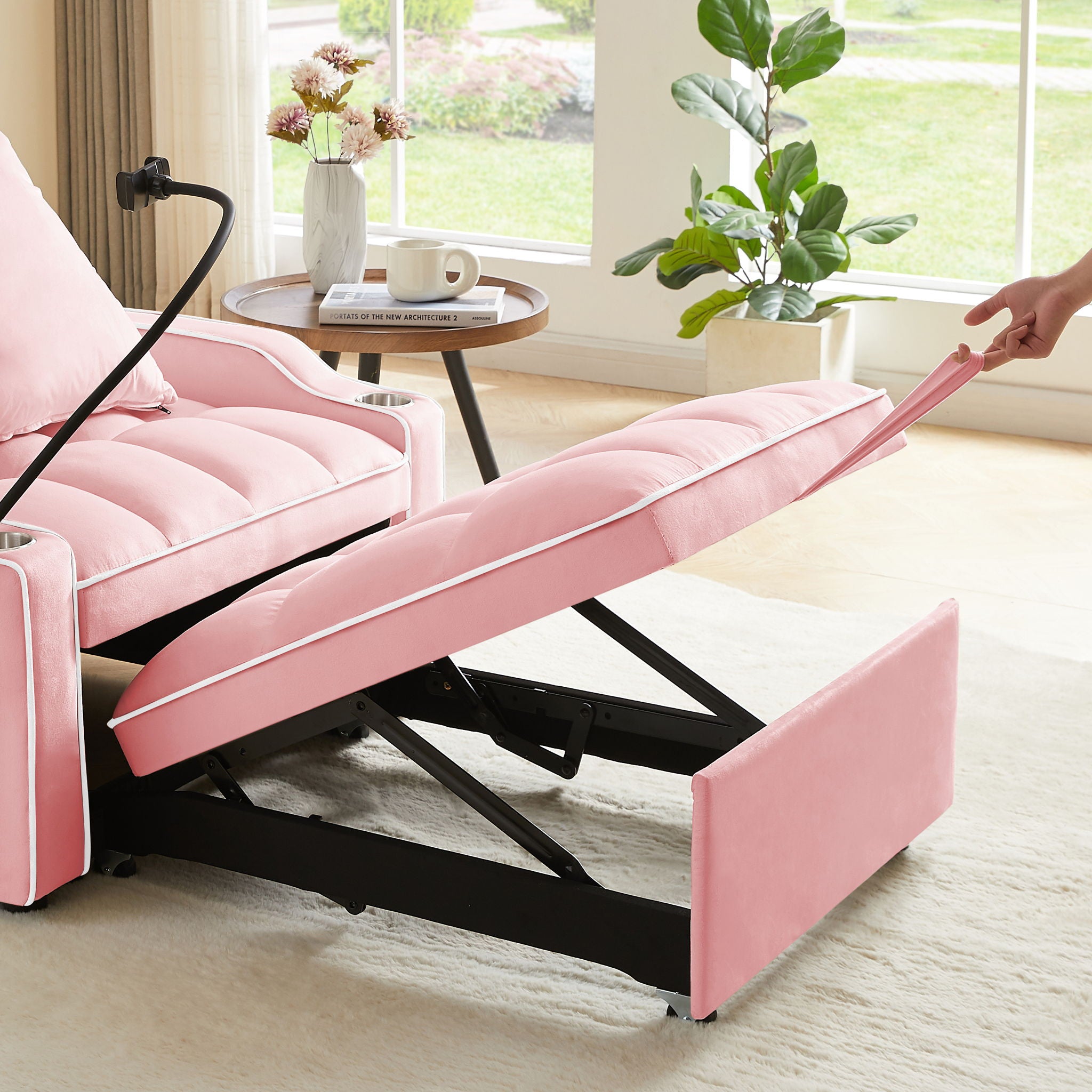 Convertible Velvet 3 In 1 Sofa Bed With Adjustable Sleeper Chair And Multi Pockets