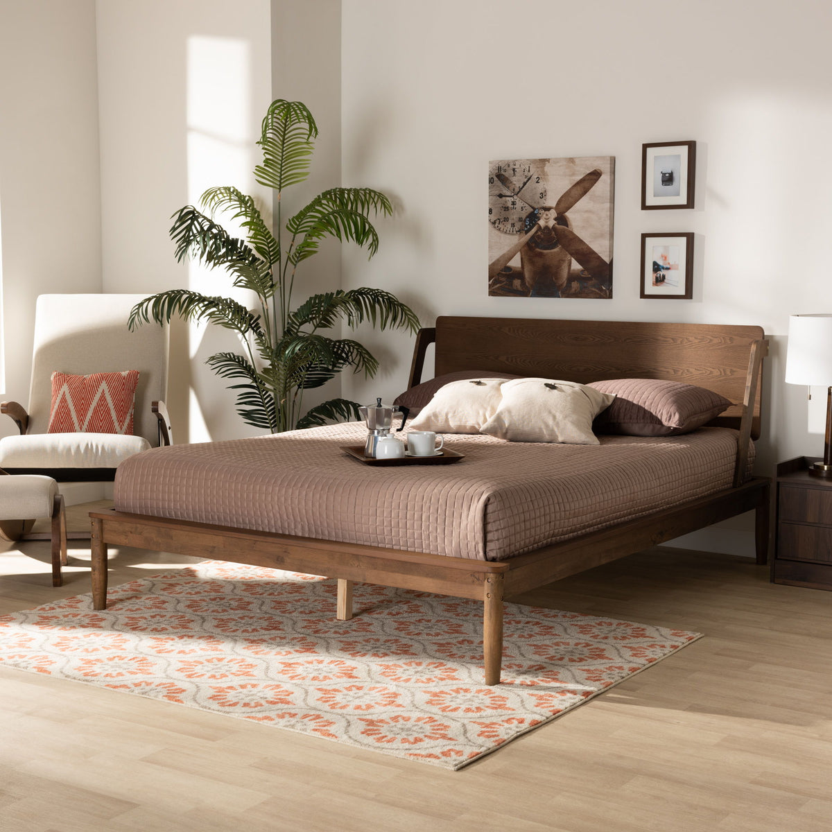 Sadler Mid-Century Modern Ash Walnut Brown Finished Wood Full Size Platform Bed
