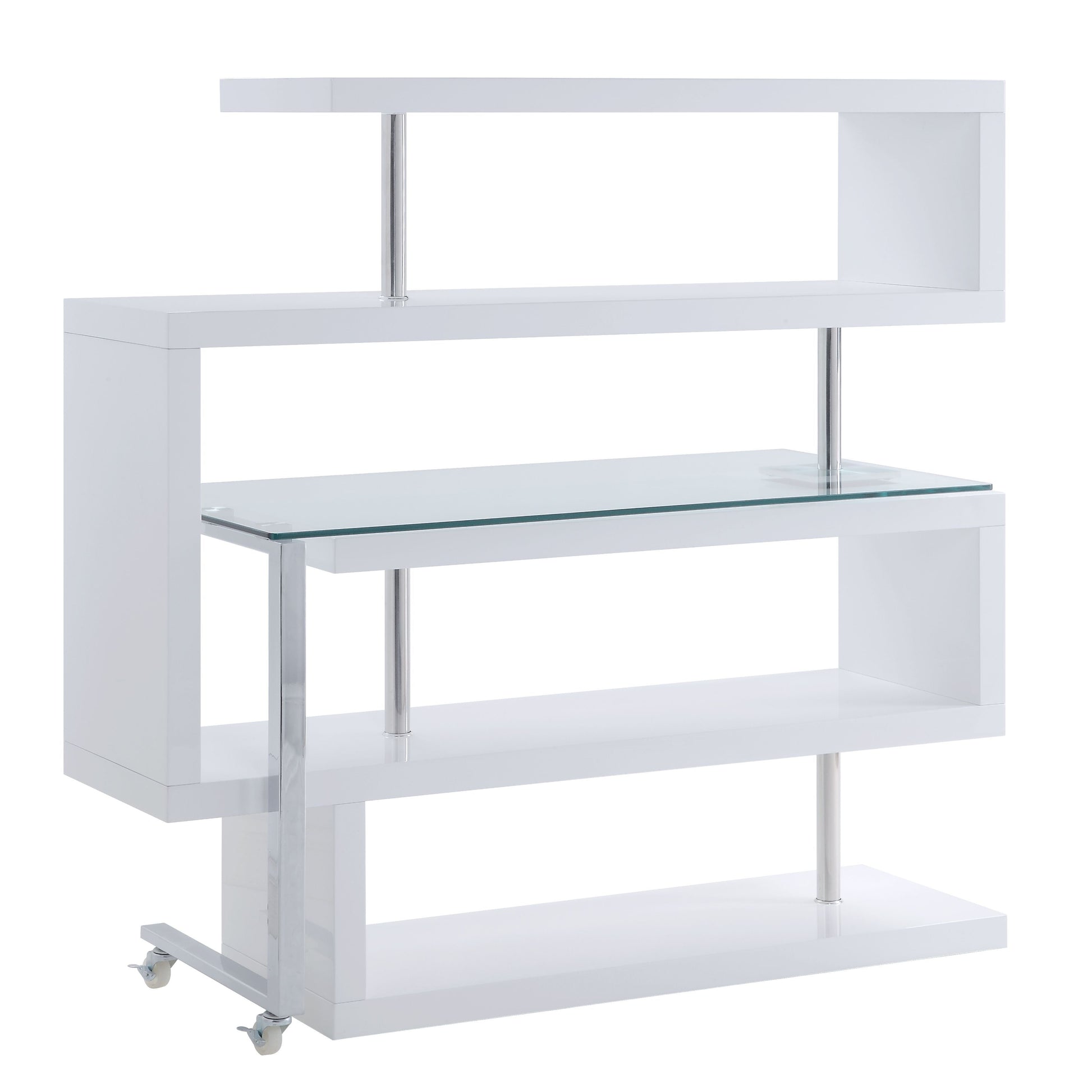 ACME Writing Desk w/Swivel Function 360 Open Storage: 4 Shelves Clear Glass Desk Top High Gloss Finish 2 Wheels Included | Meri Furniture