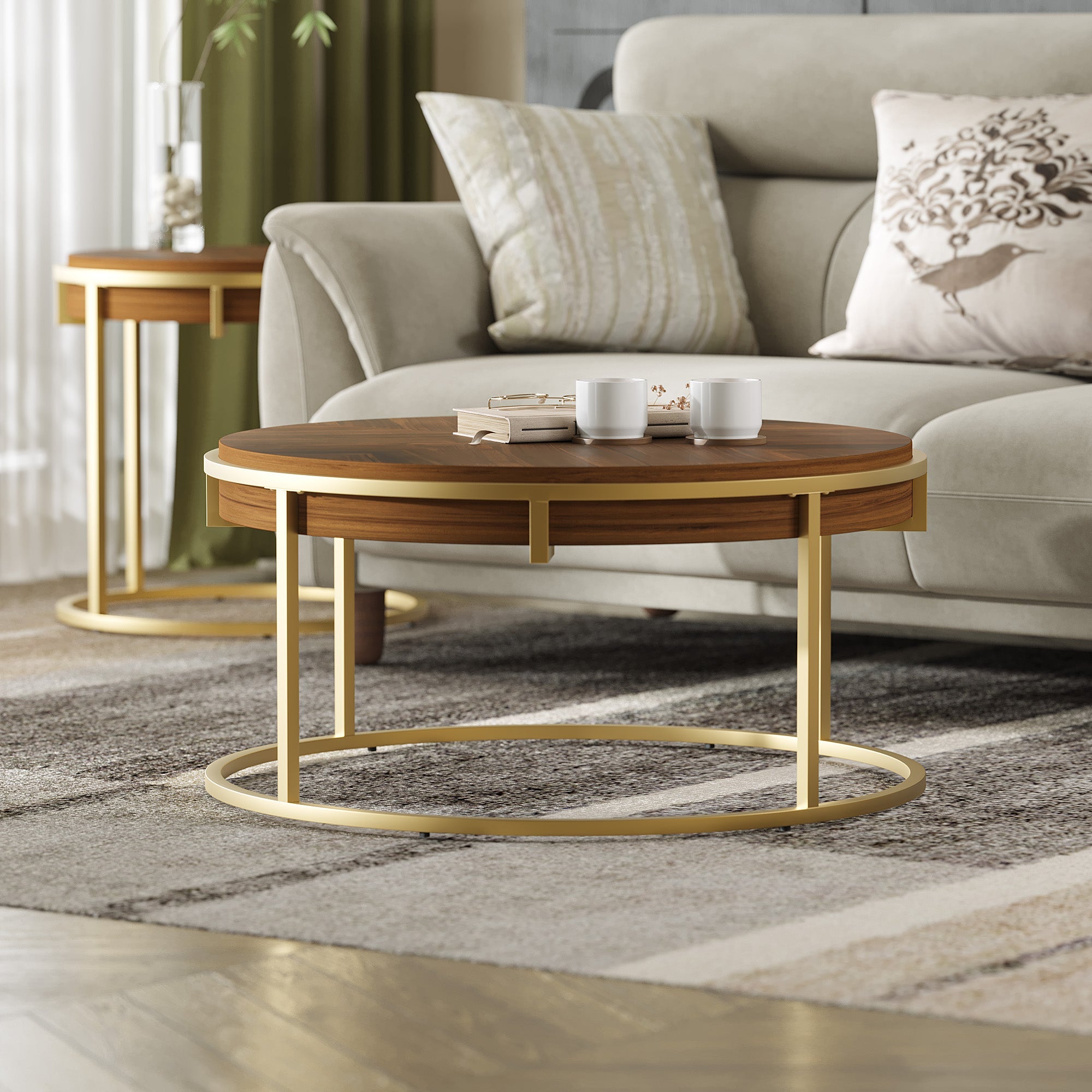 Modern Round Coffee Table with Brown Top