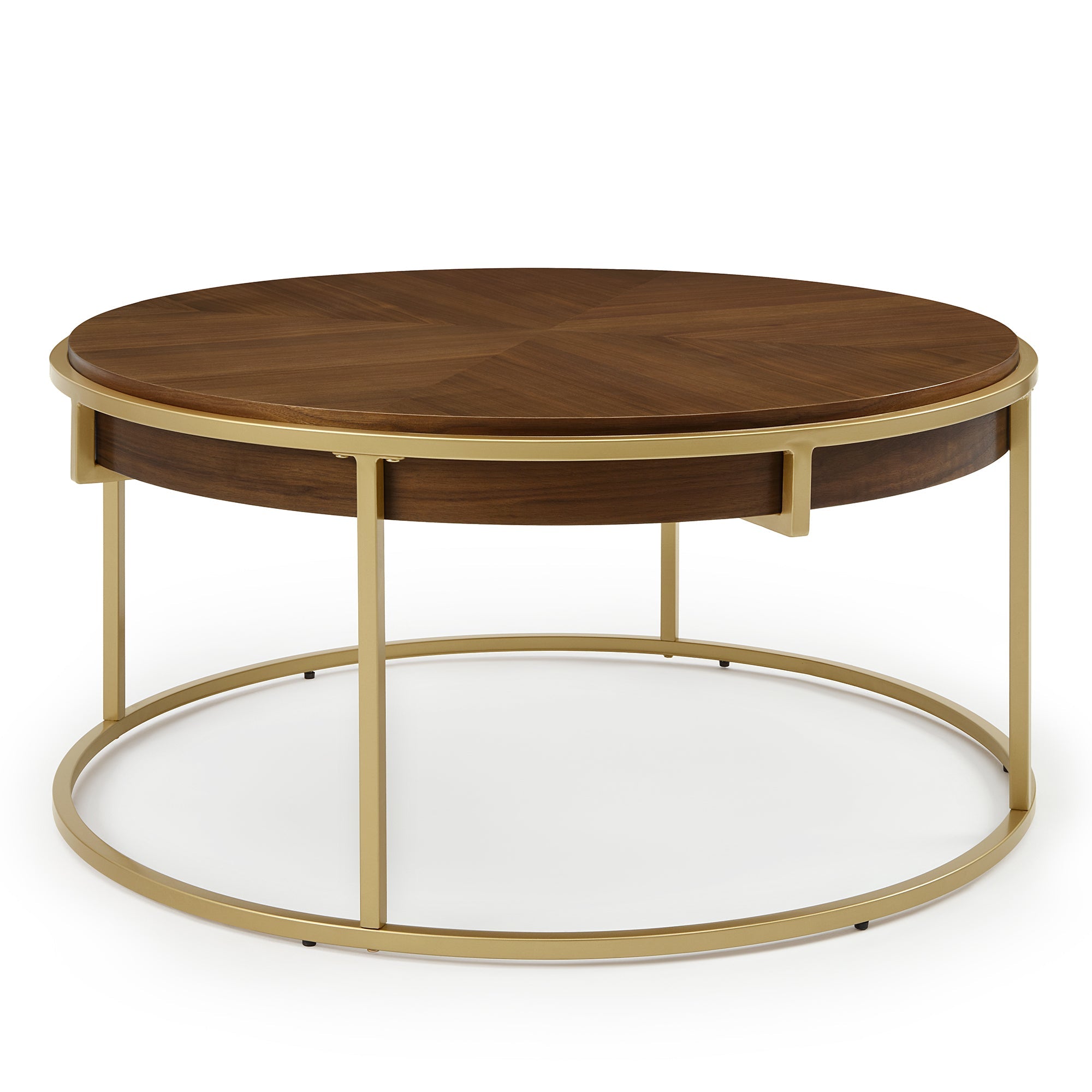 Round Dining Table with Brown Wood Top and Brushed Gold Metal Base