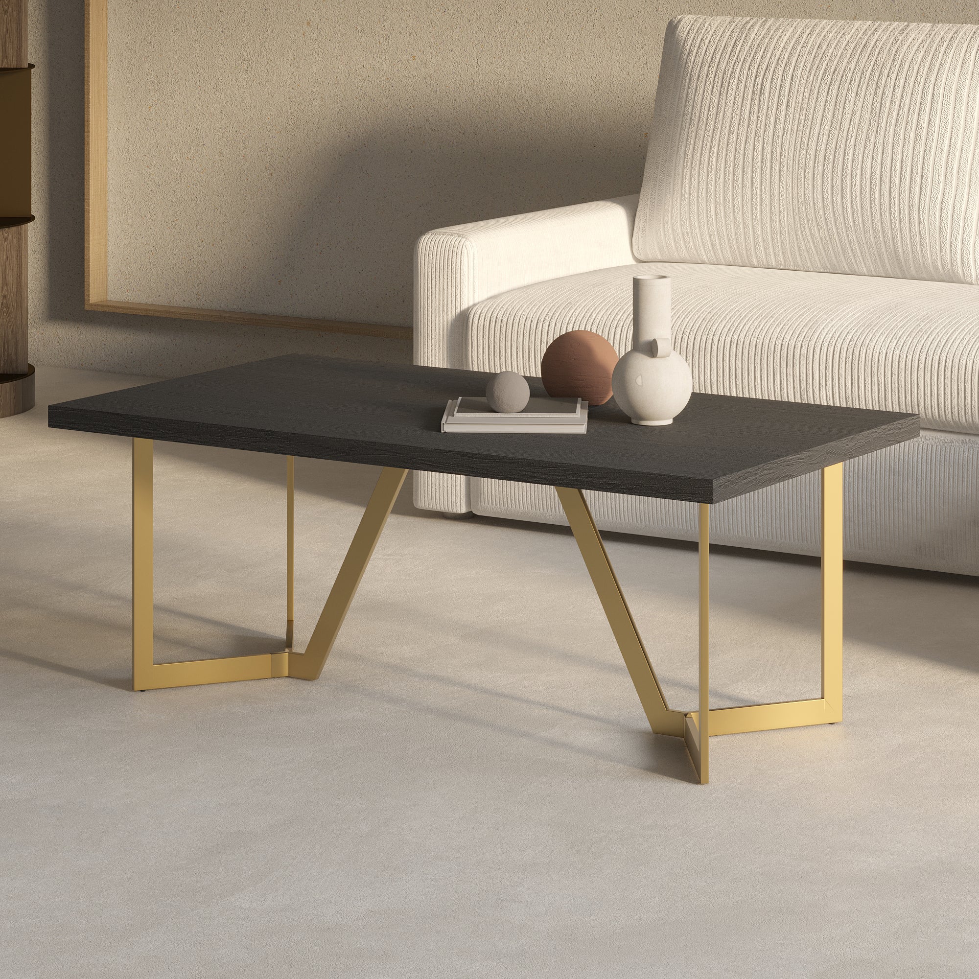 Modern Black Rectangular Coffee Table with Brushed Gold Base