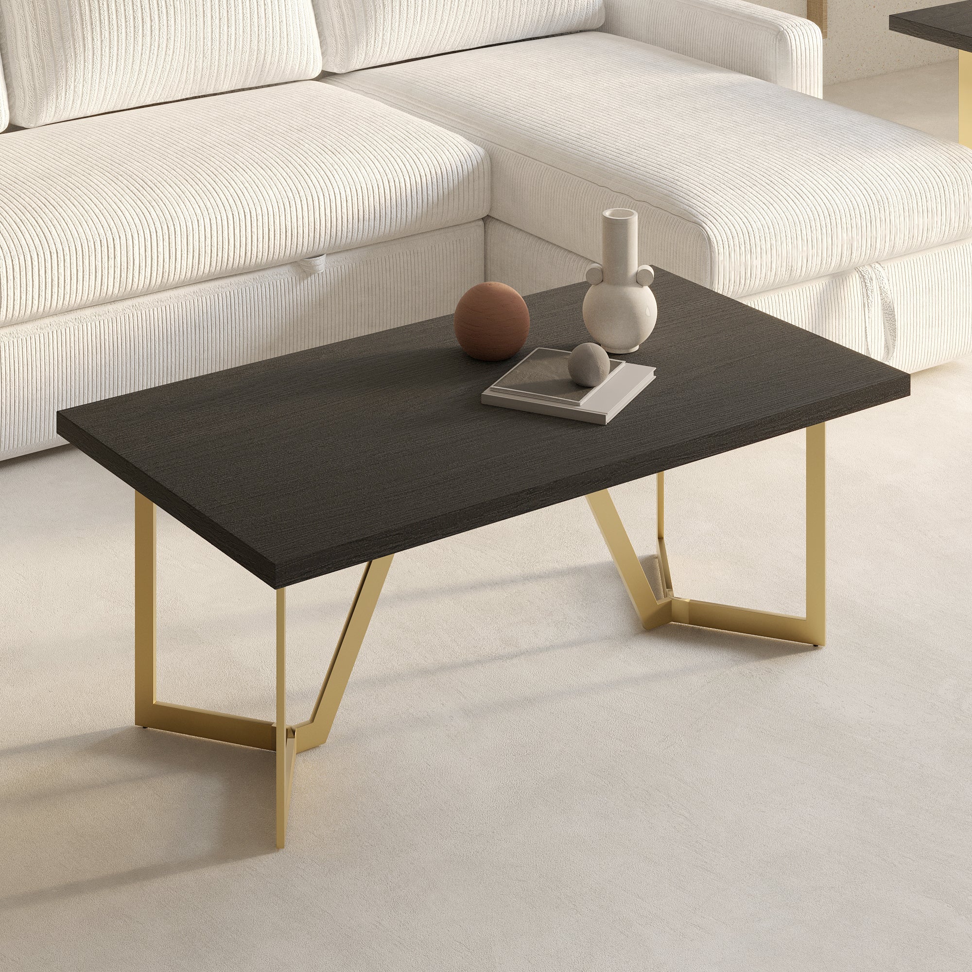 Modern Black Rectangular Coffee Table with Brushed Gold Base