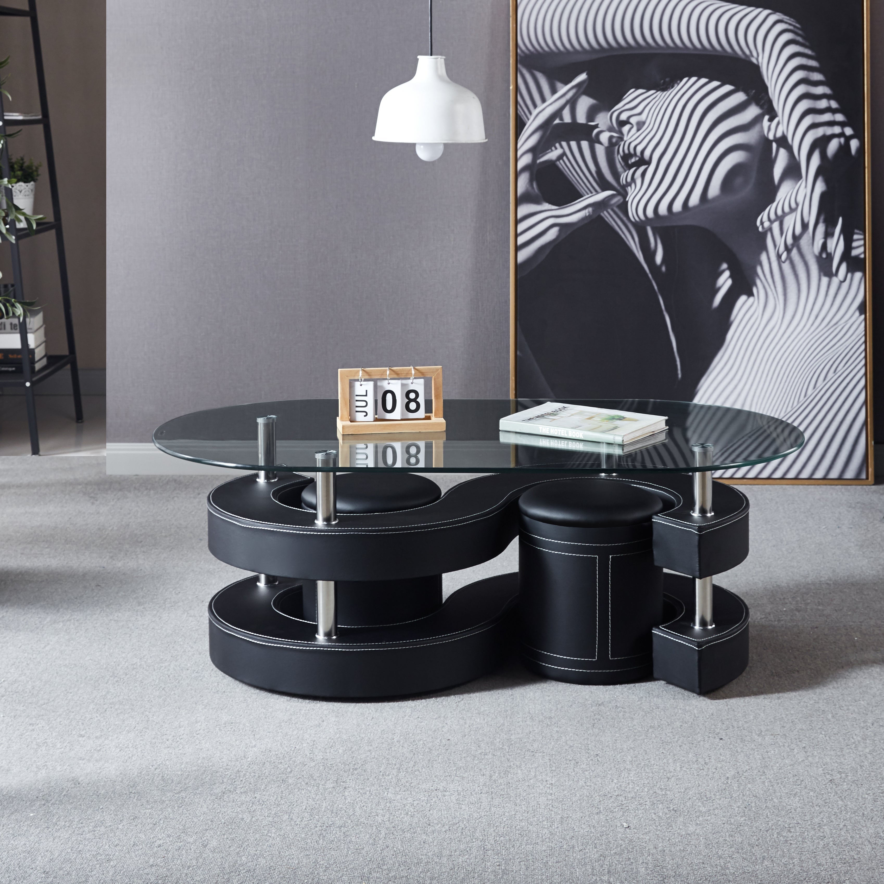 Oval Coffee Table with 2 Storage Stools