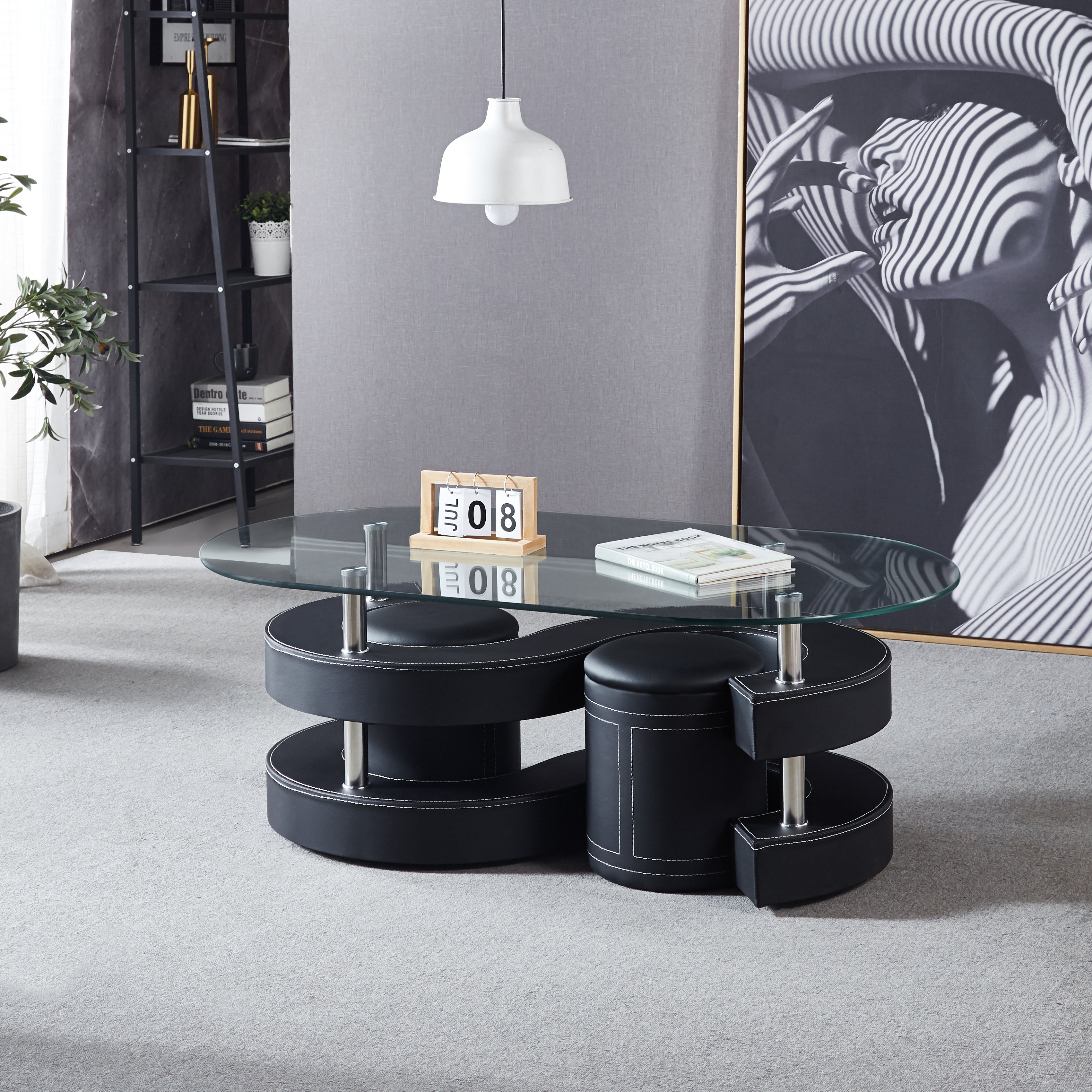 Oval Coffee Table with 2 Storage Stools