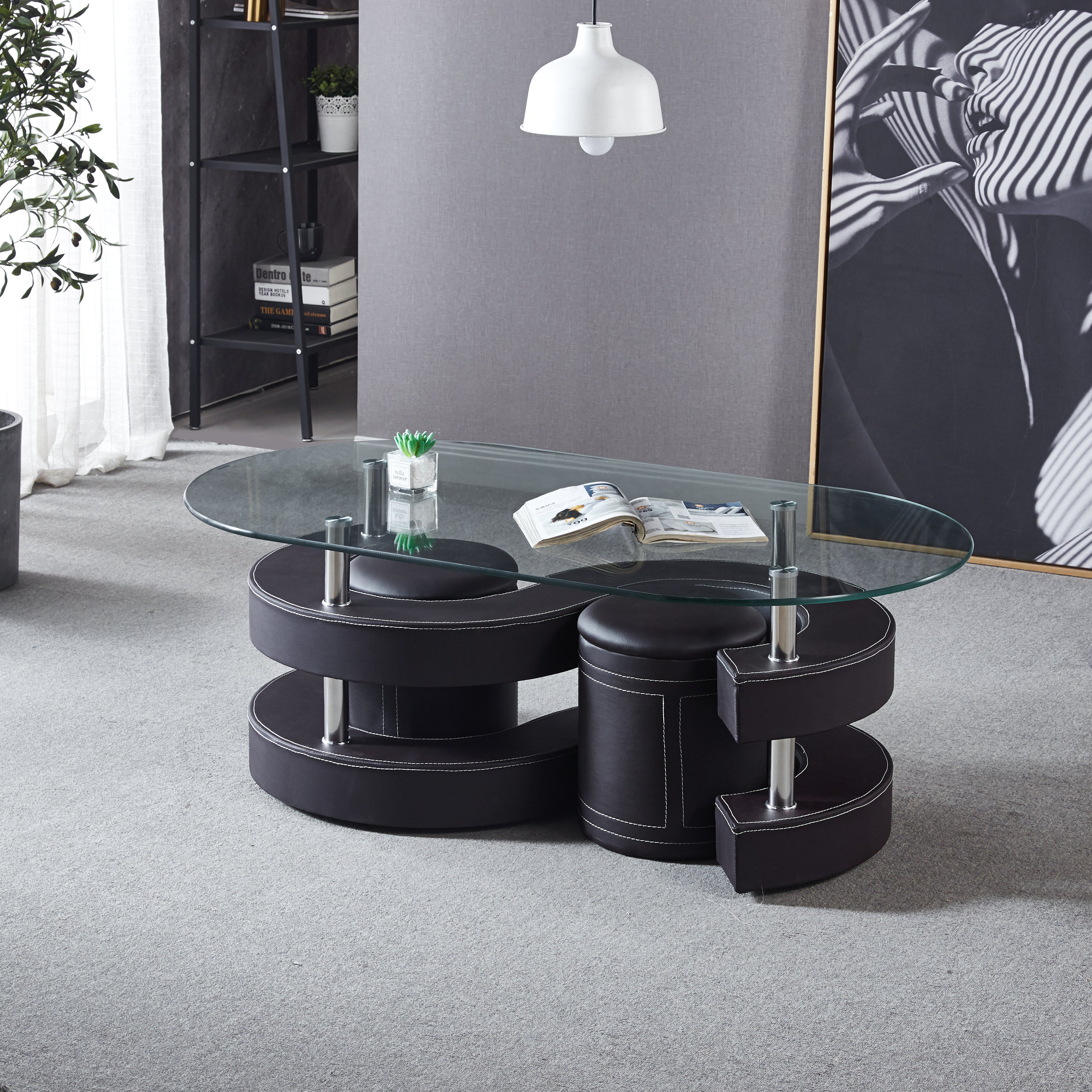 Oval Coffee Table with 2 Storage Stools