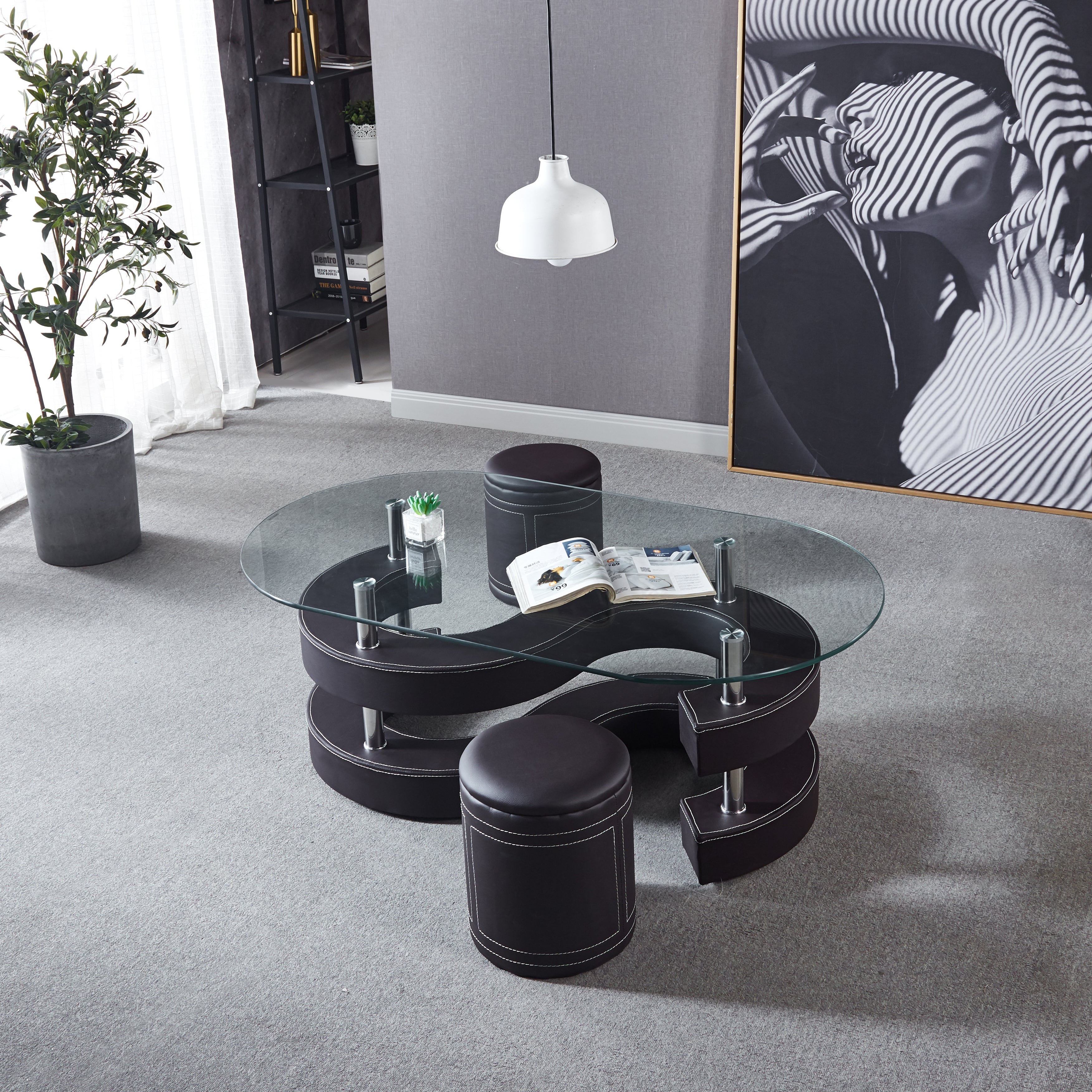 Oval Coffee Table with 2 Storage Stools