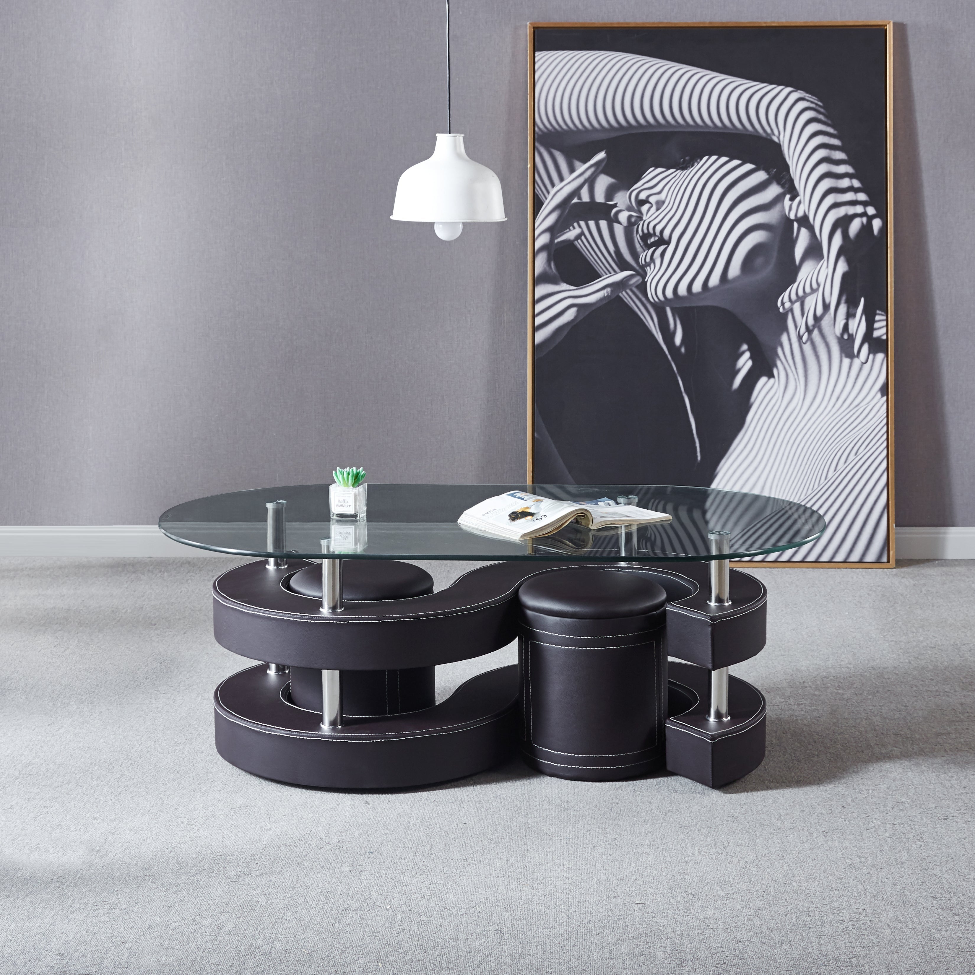 Oval Coffee Table with 2 Storage Stools