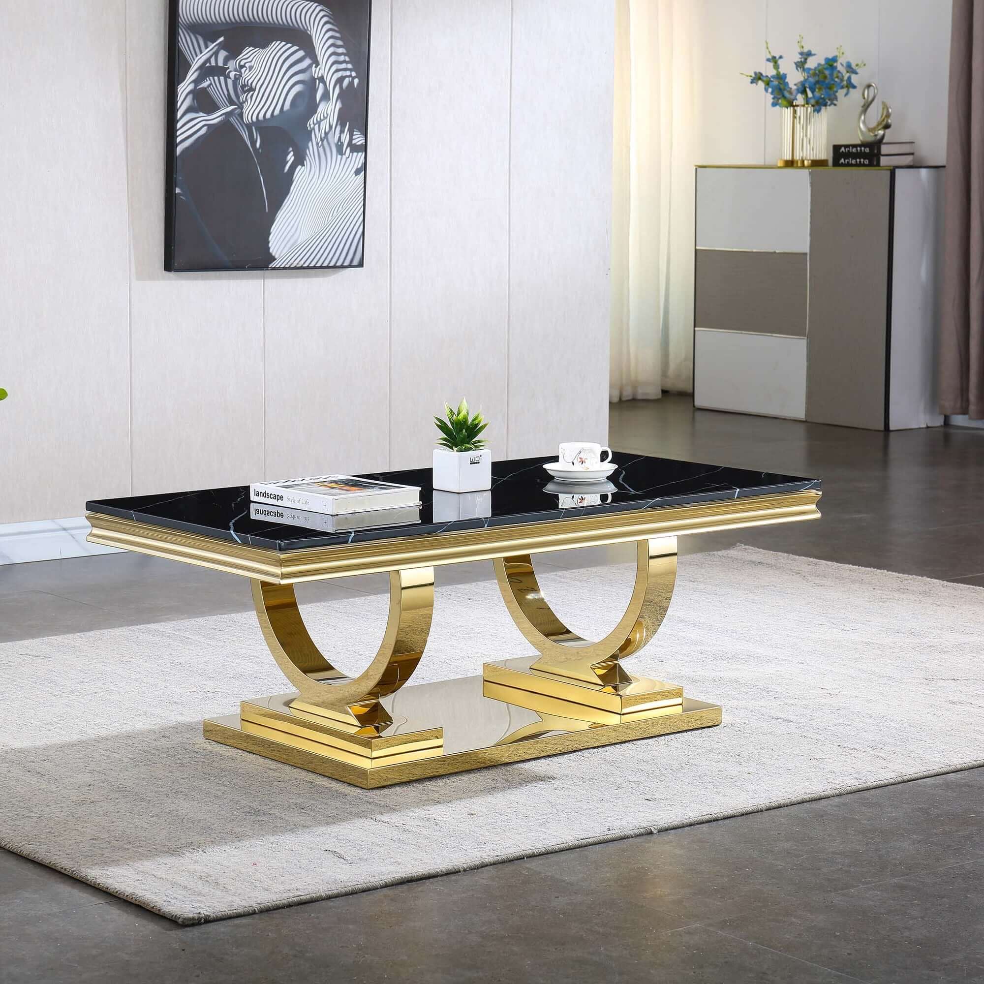 Classic Black Marble Coffee Table with Gold Base