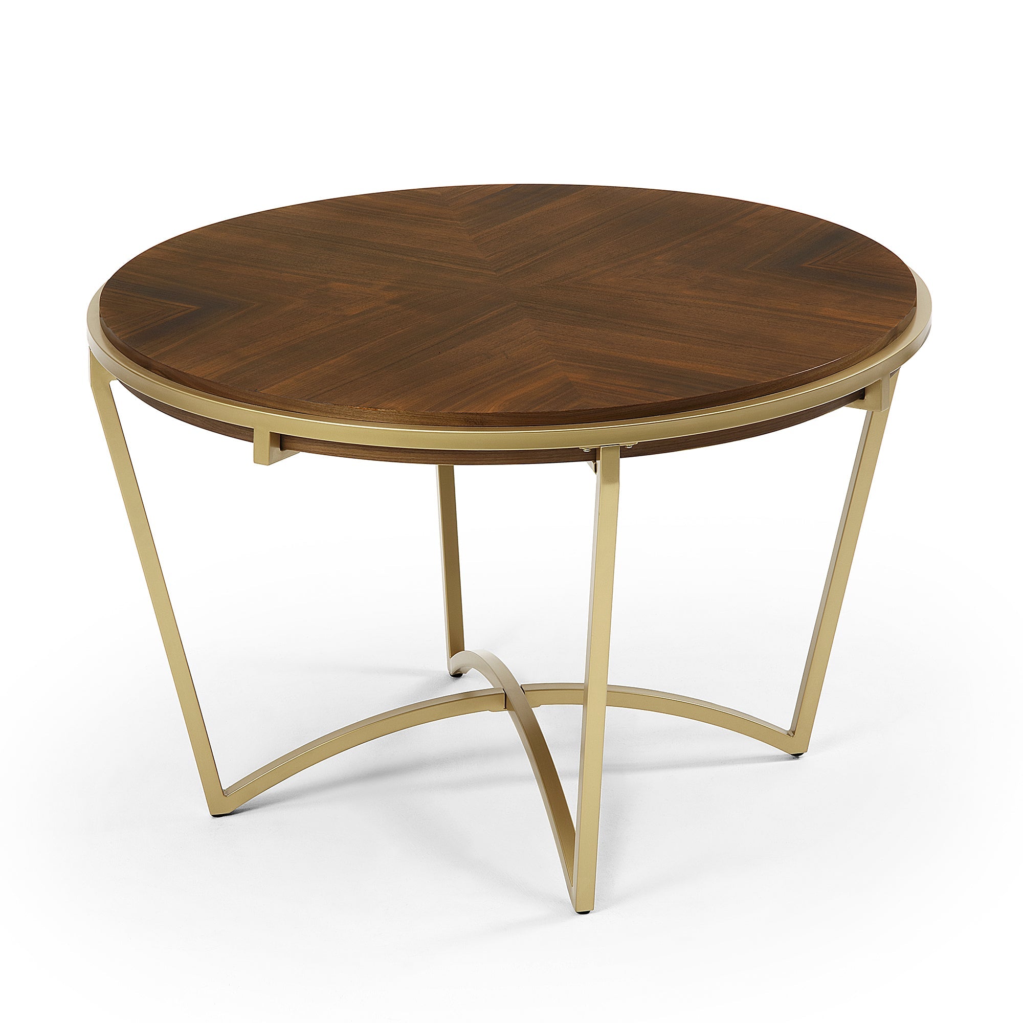 Round Dining Table with Brown Wood Top and Brushed Gold Metal Base