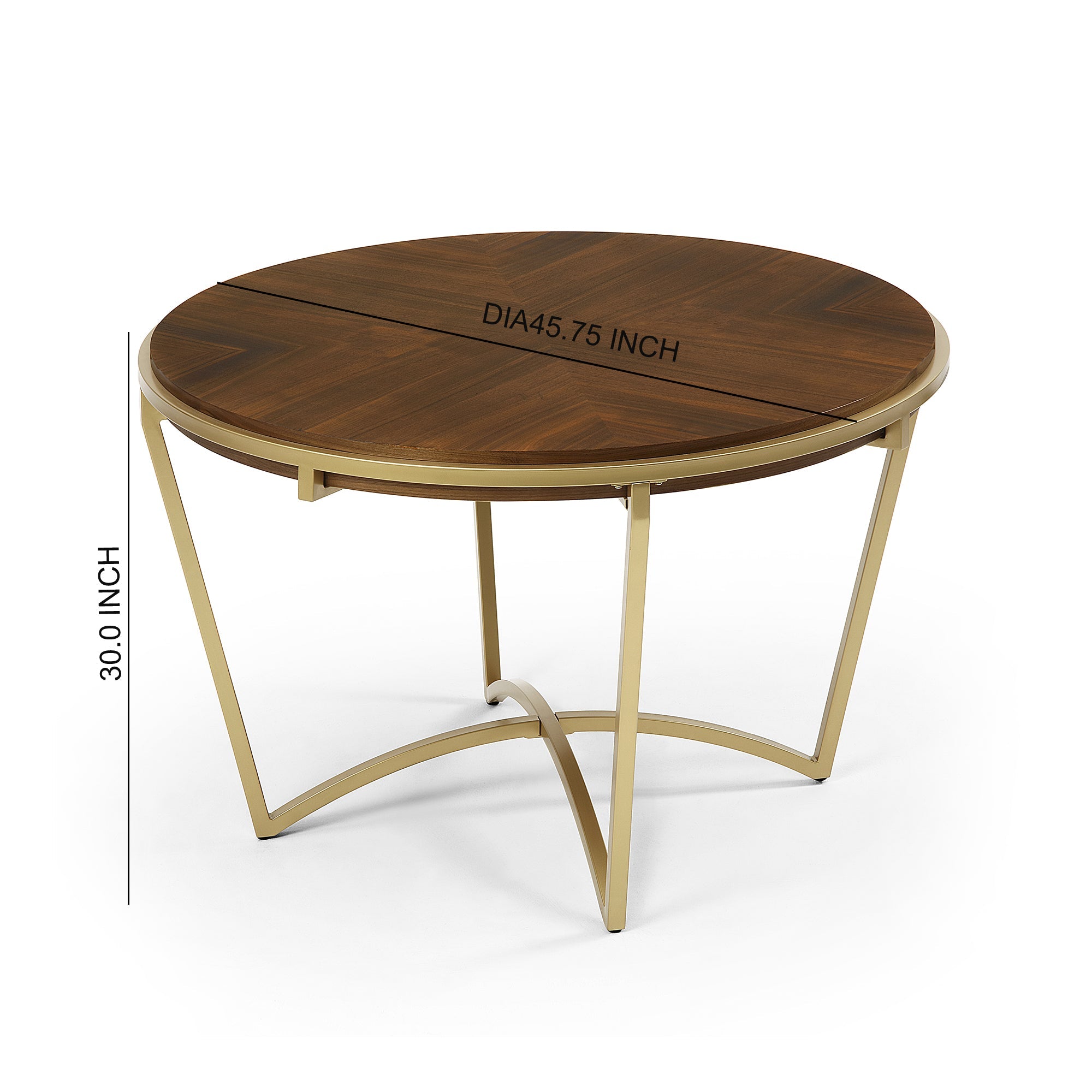 Round Dining Table with Brown Wood Top and Brushed Gold Metal Base