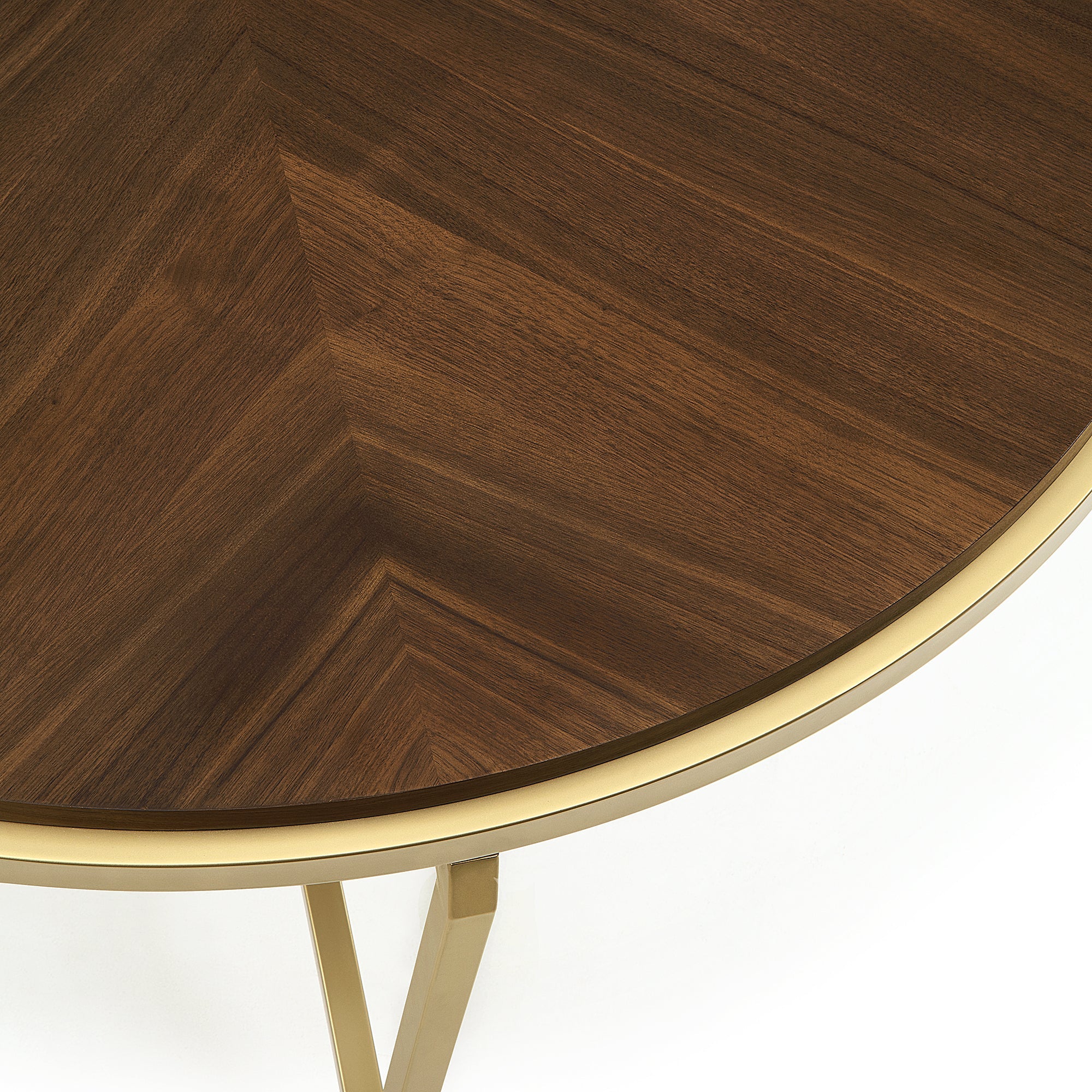 Round Dining Table with Brown Wood Top and Brushed Gold Metal Base