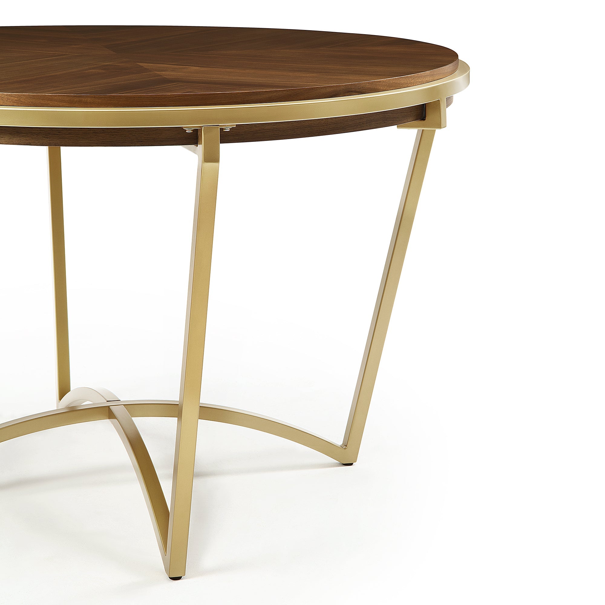 Round Dining Table with Brown Wood Top and Brushed Gold Metal Base
