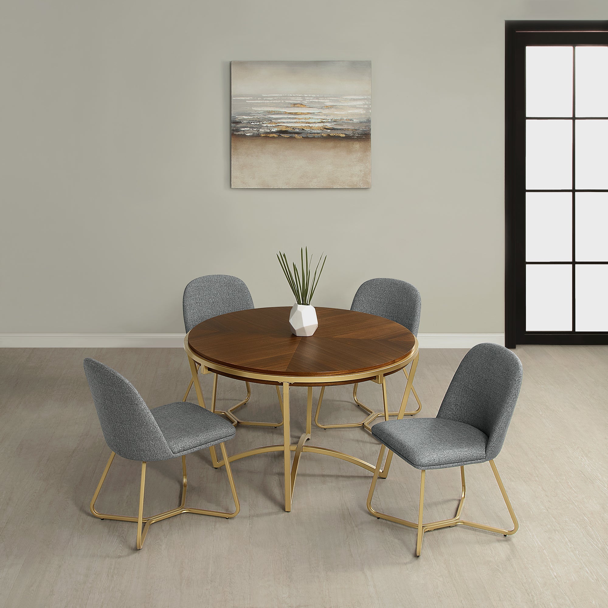 Round Dining Table with Brown Wood Top and Brushed Gold Metal Base