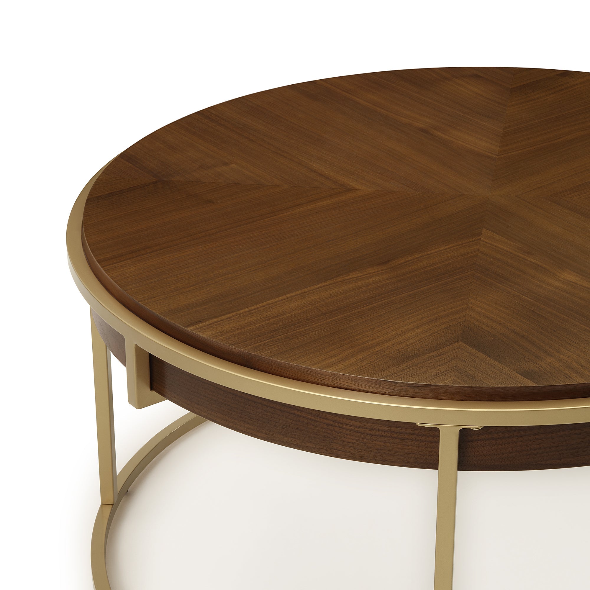 Round Dining Table with Brown Wood Top and Brushed Gold Metal Base