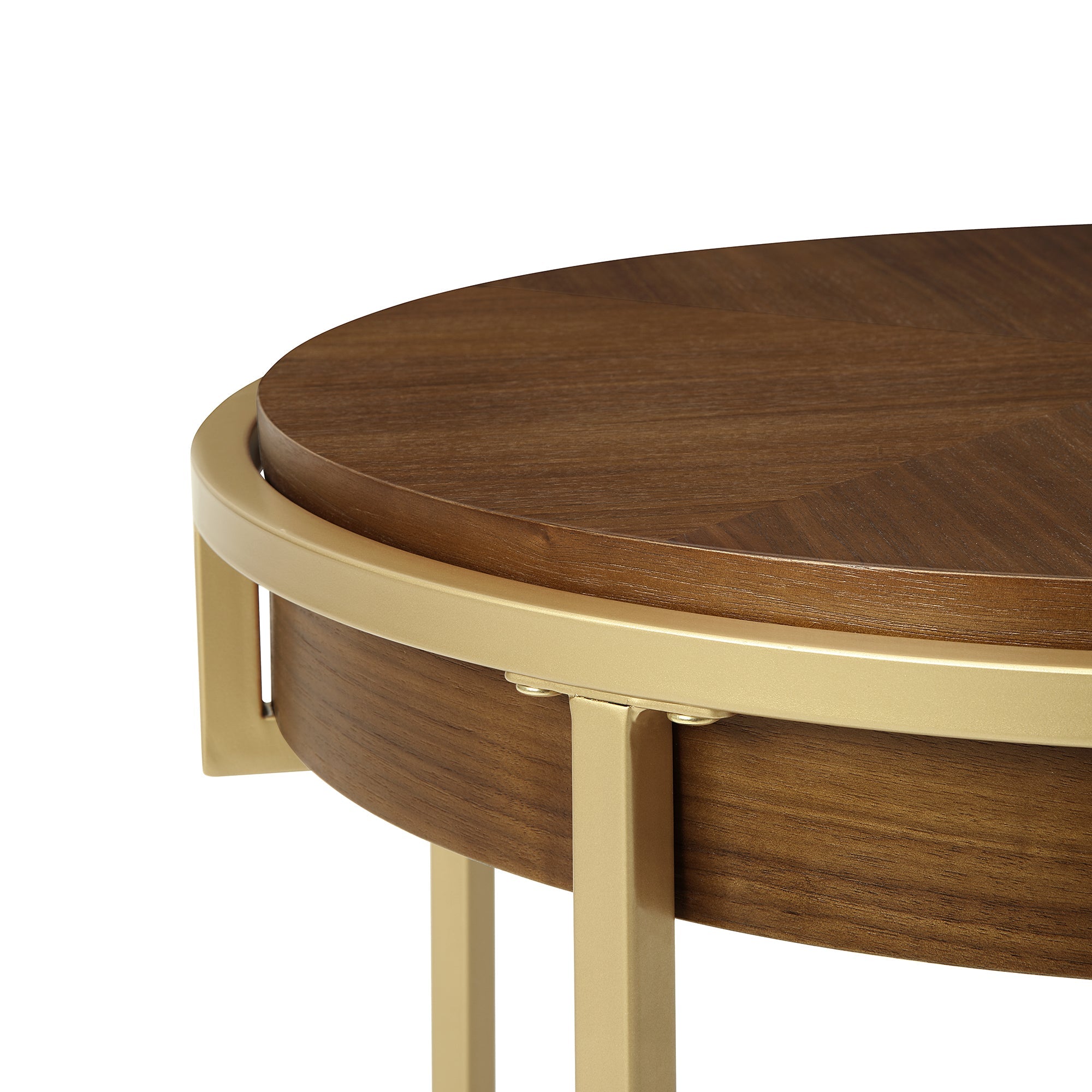 Round Dining Table with Brown Wood Top and Brushed Gold Metal Base