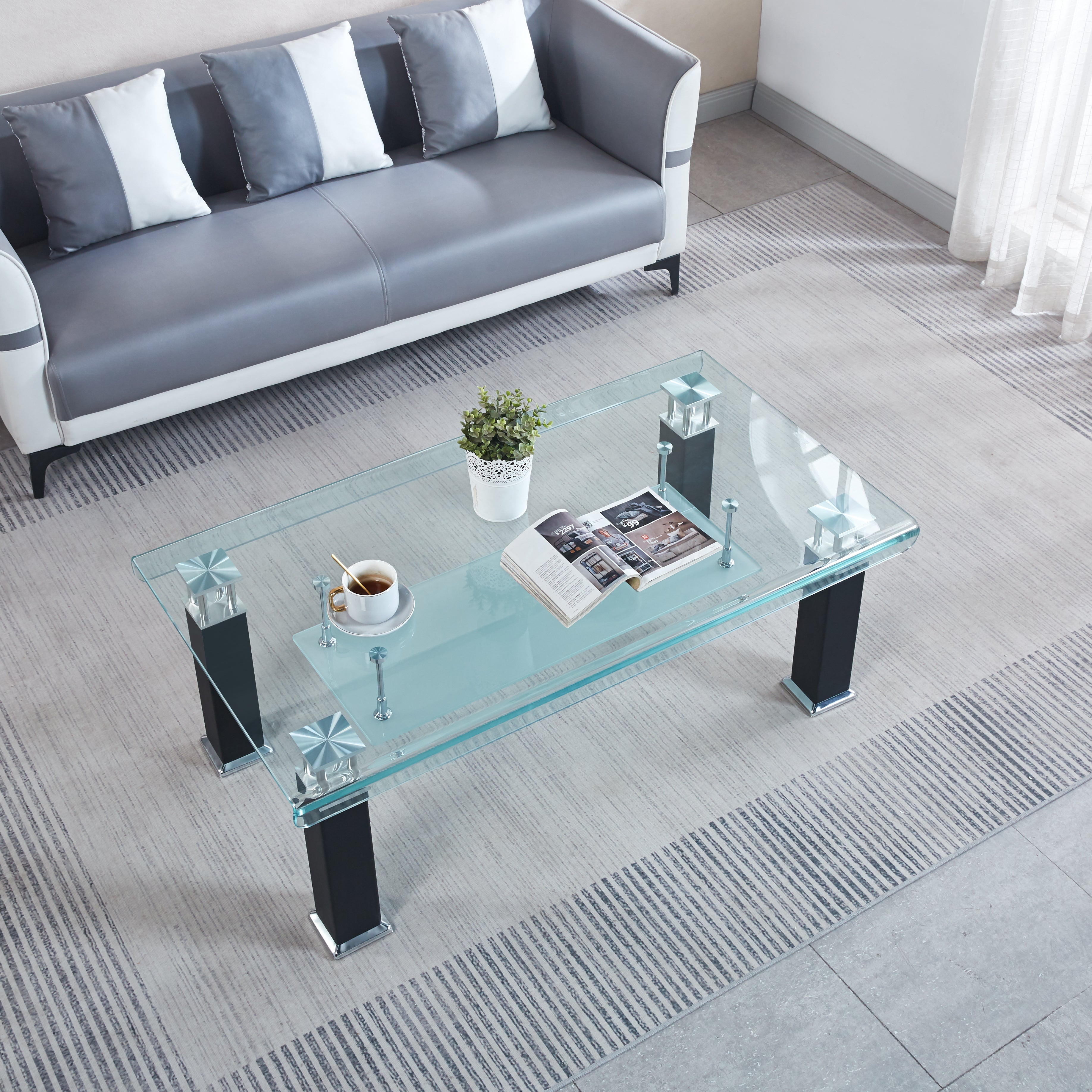 Modern Glass Coffee Table with Leatherette Accents