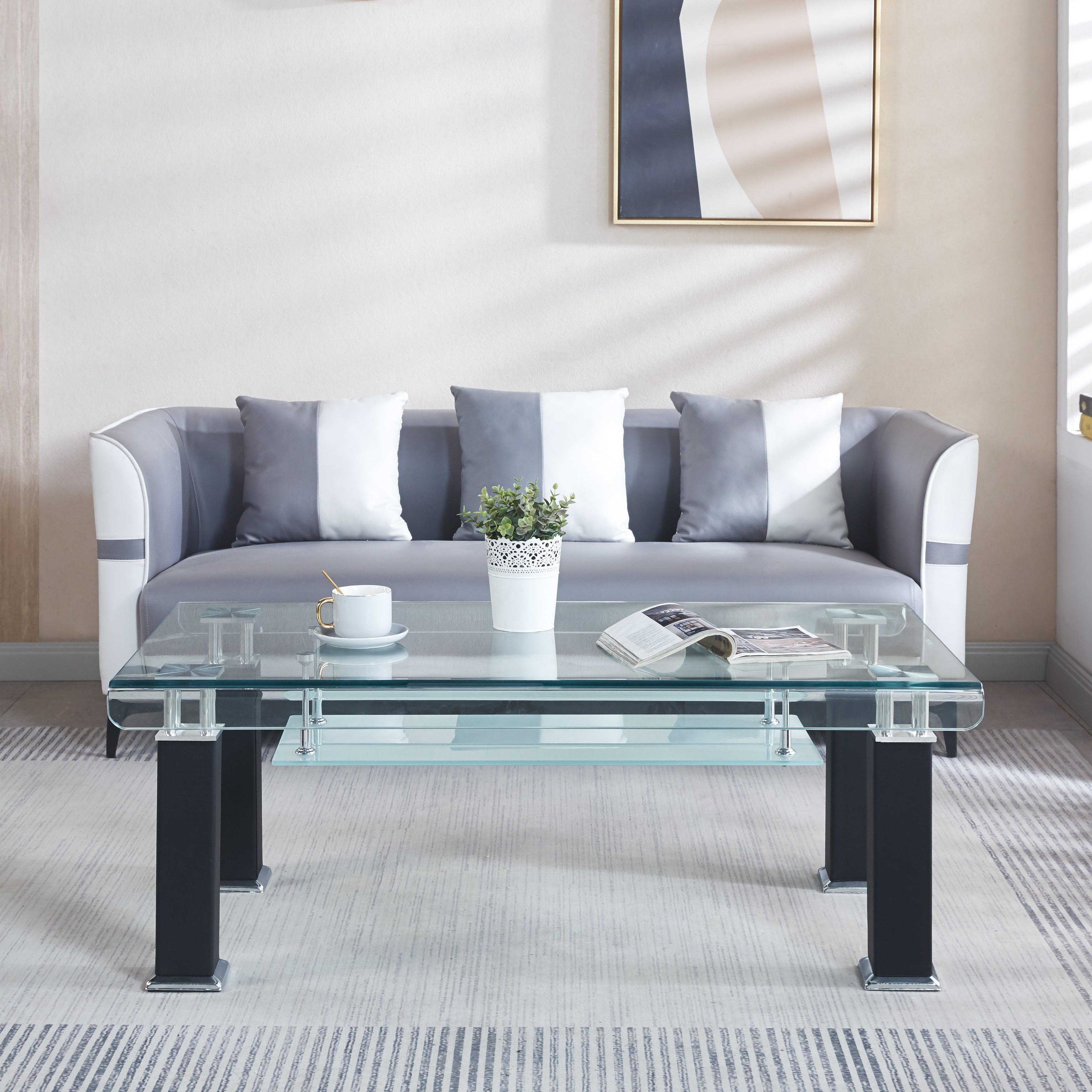 Modern Glass Coffee Table with Leatherette Accents