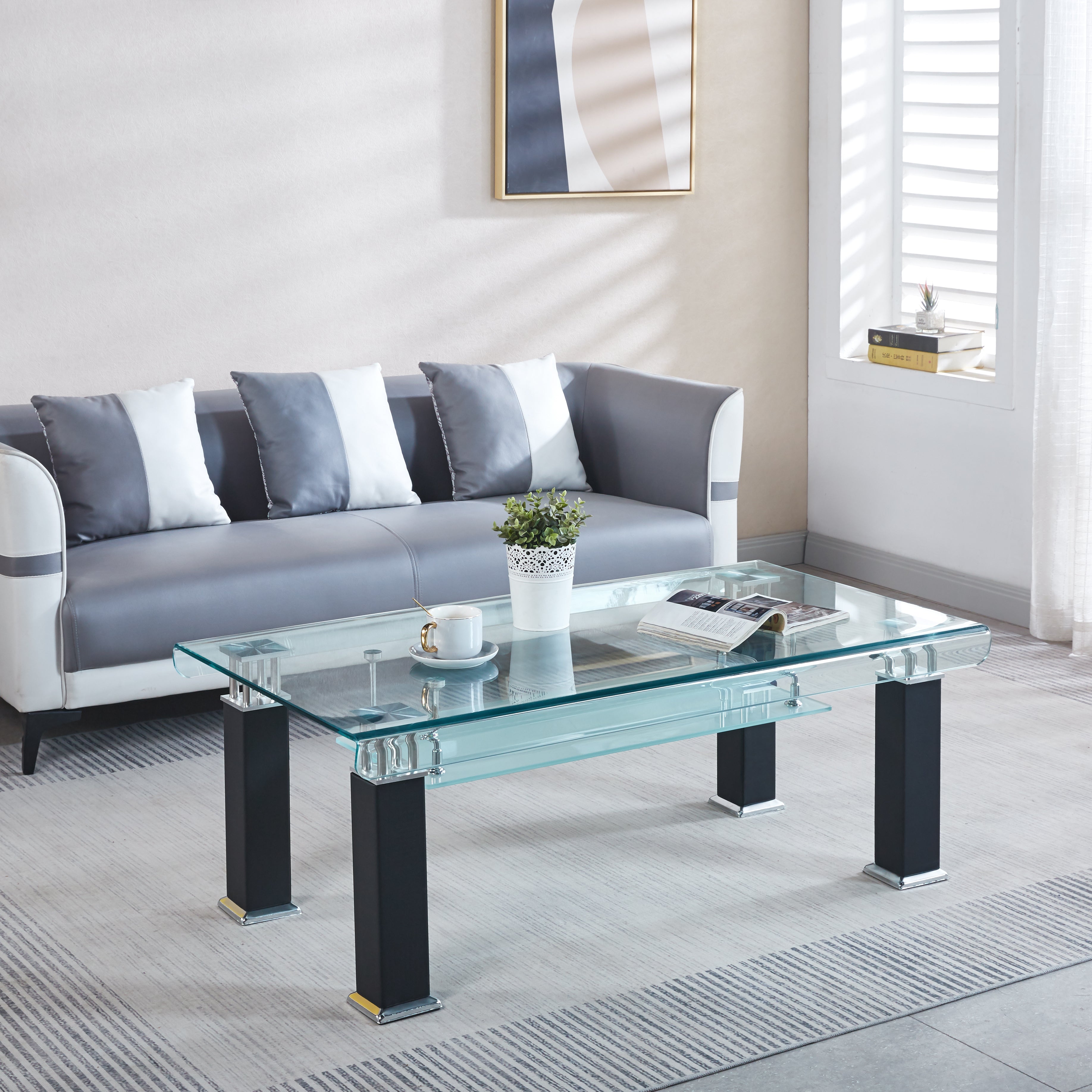 Modern Glass Coffee Table with Leatherette Accents