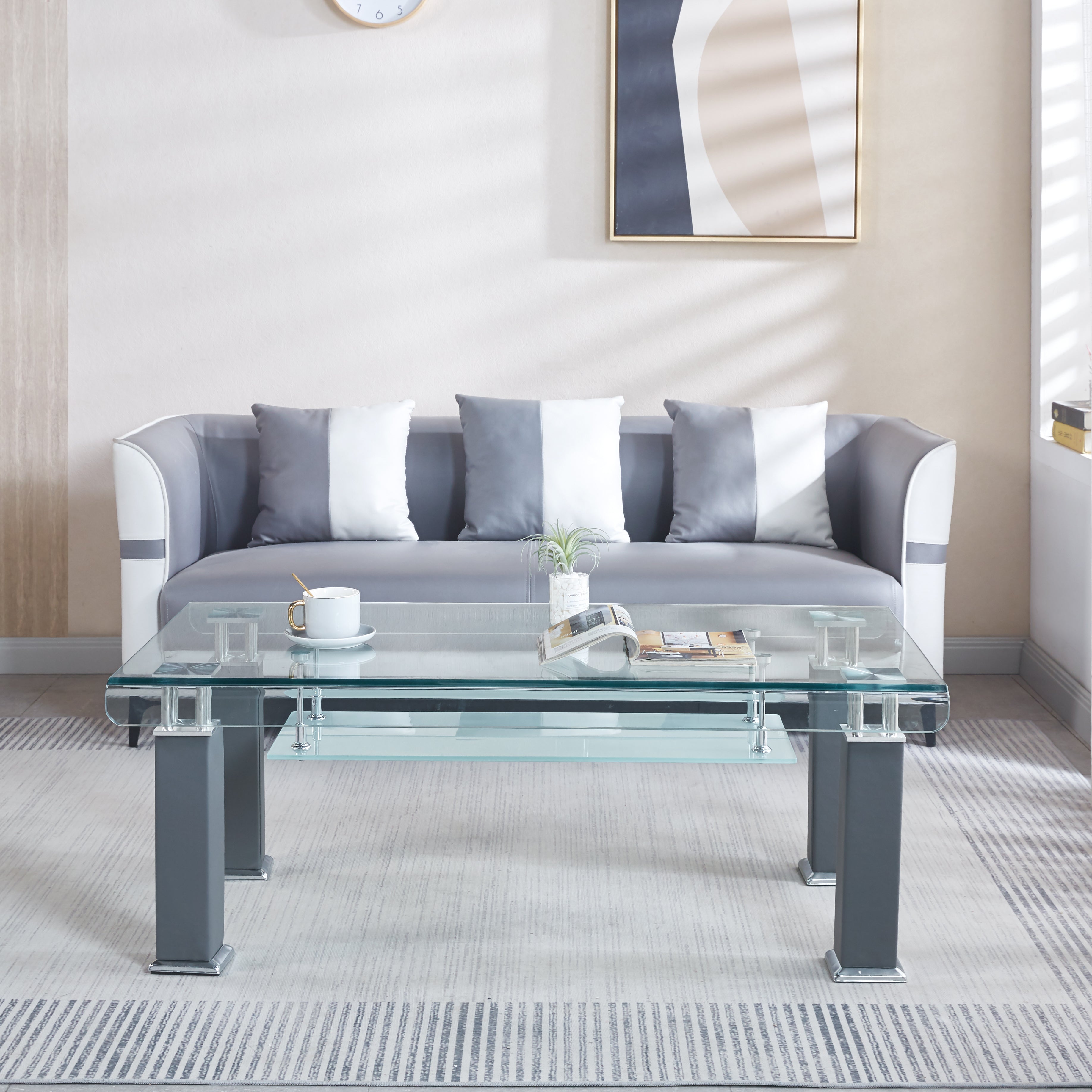 Modern Glass Coffee Table with Leatherette Accents