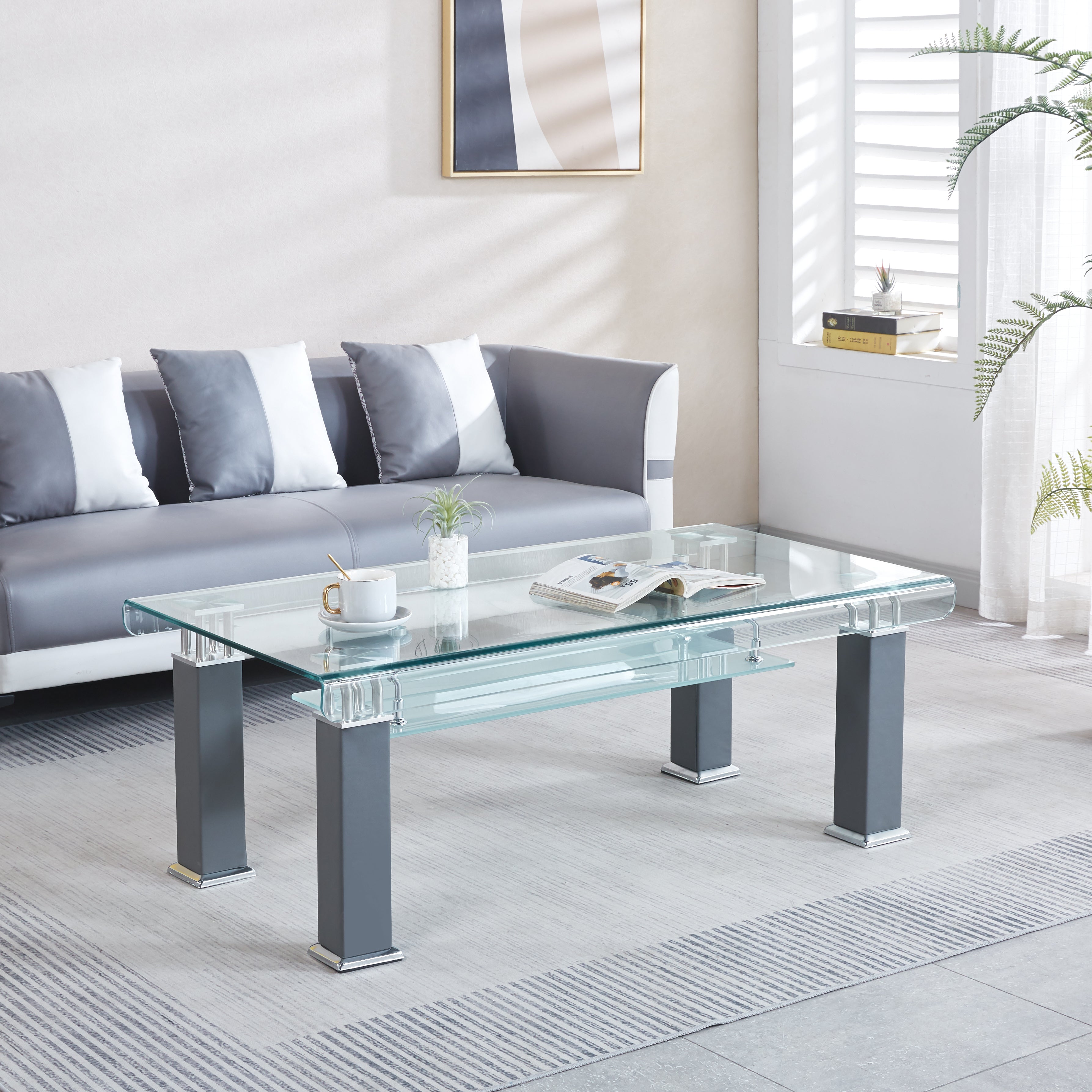 Modern Glass Coffee Table with Leatherette Accents