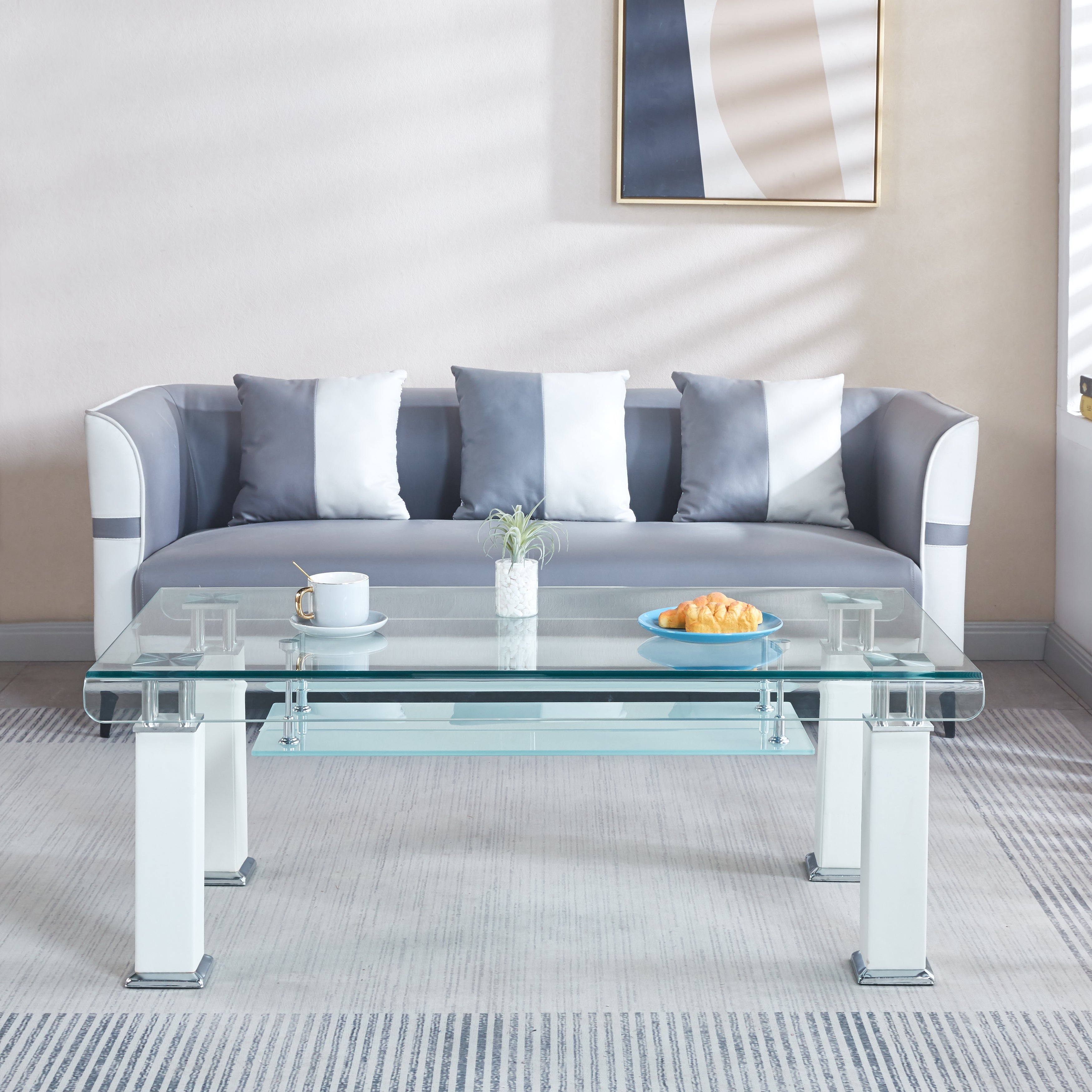 Modern Glass Coffee Table with Leatherette Accents