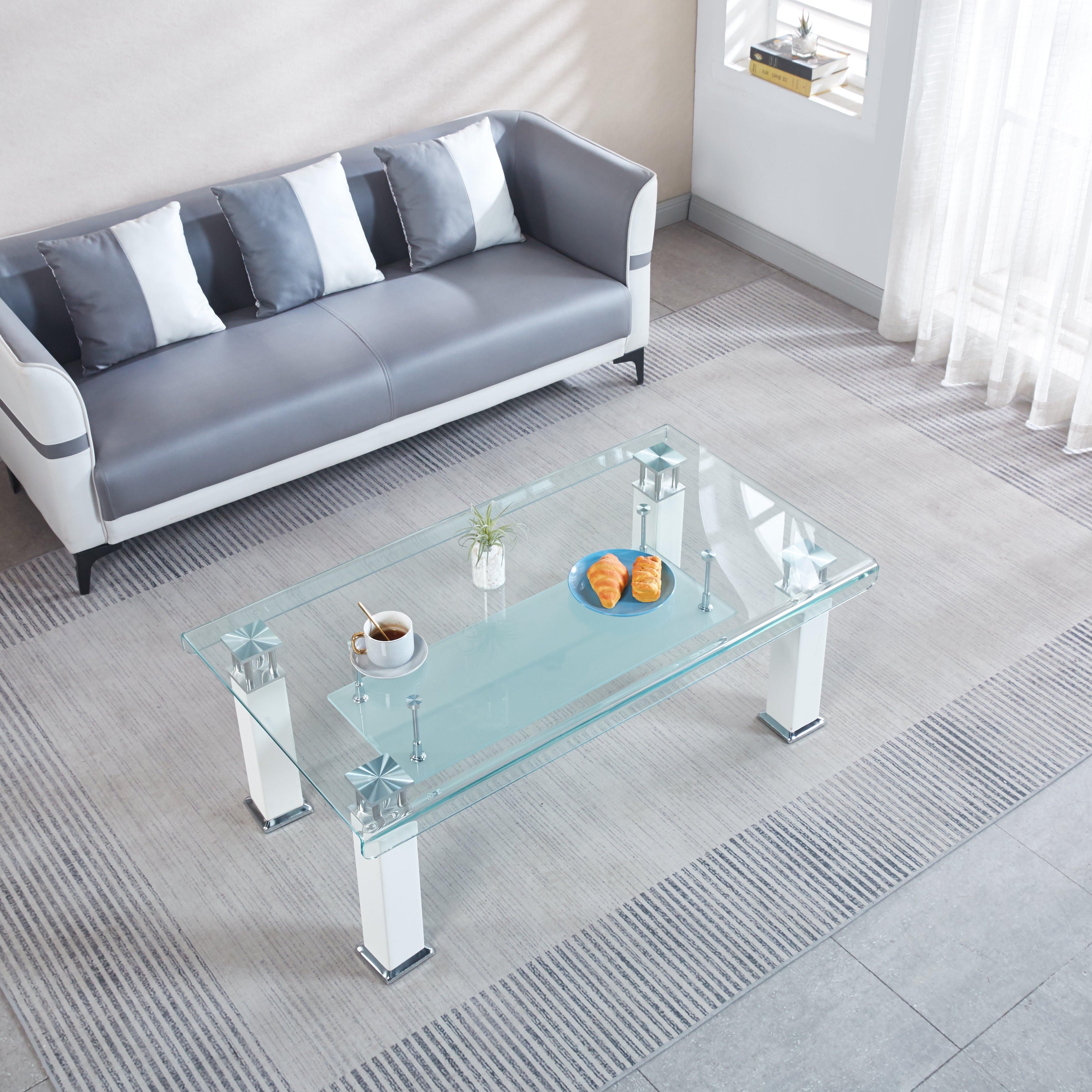Modern Glass Coffee Table with Leatherette Accents